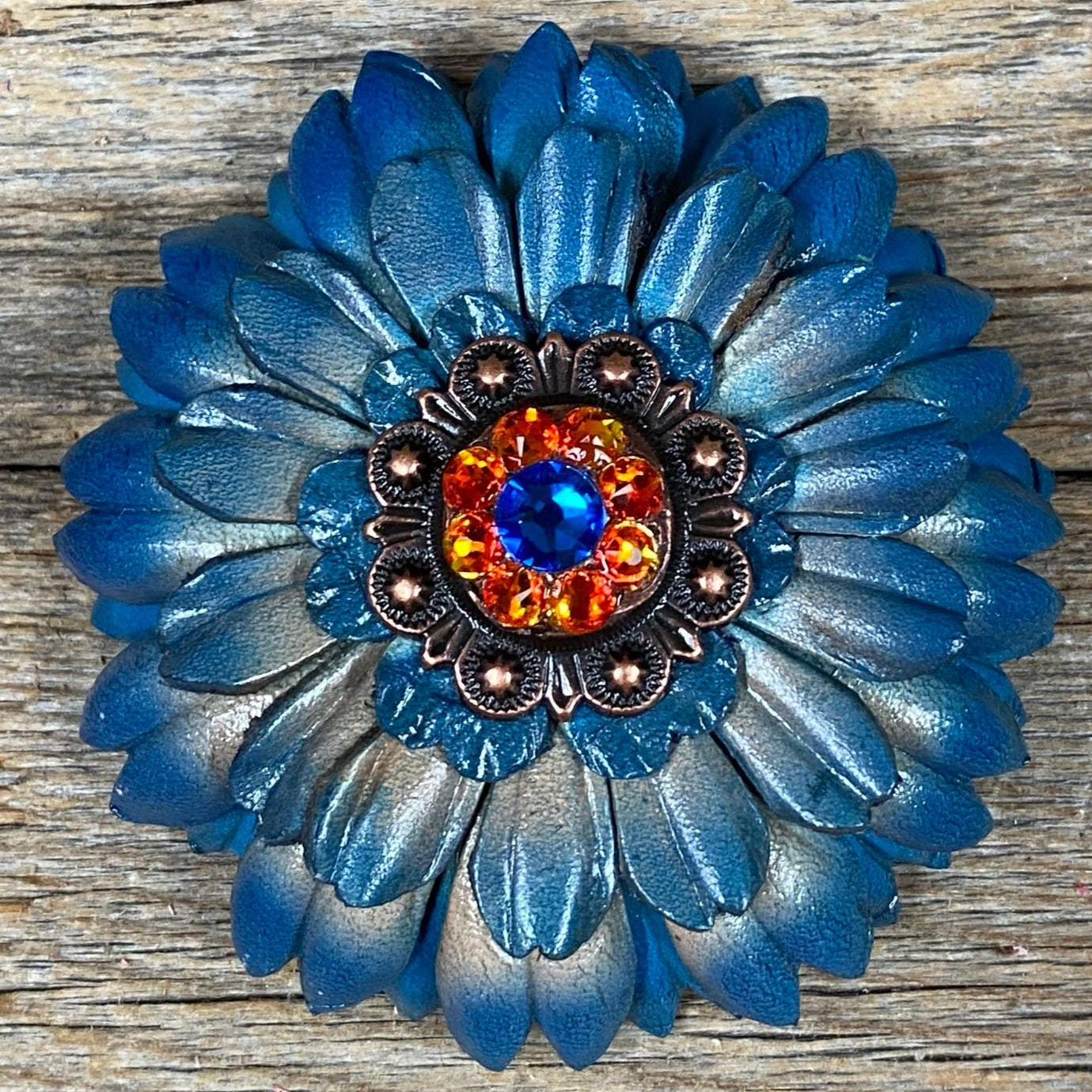 Turquoise Daisy Flower With Copper Capri, Fire Opal 1" Concho