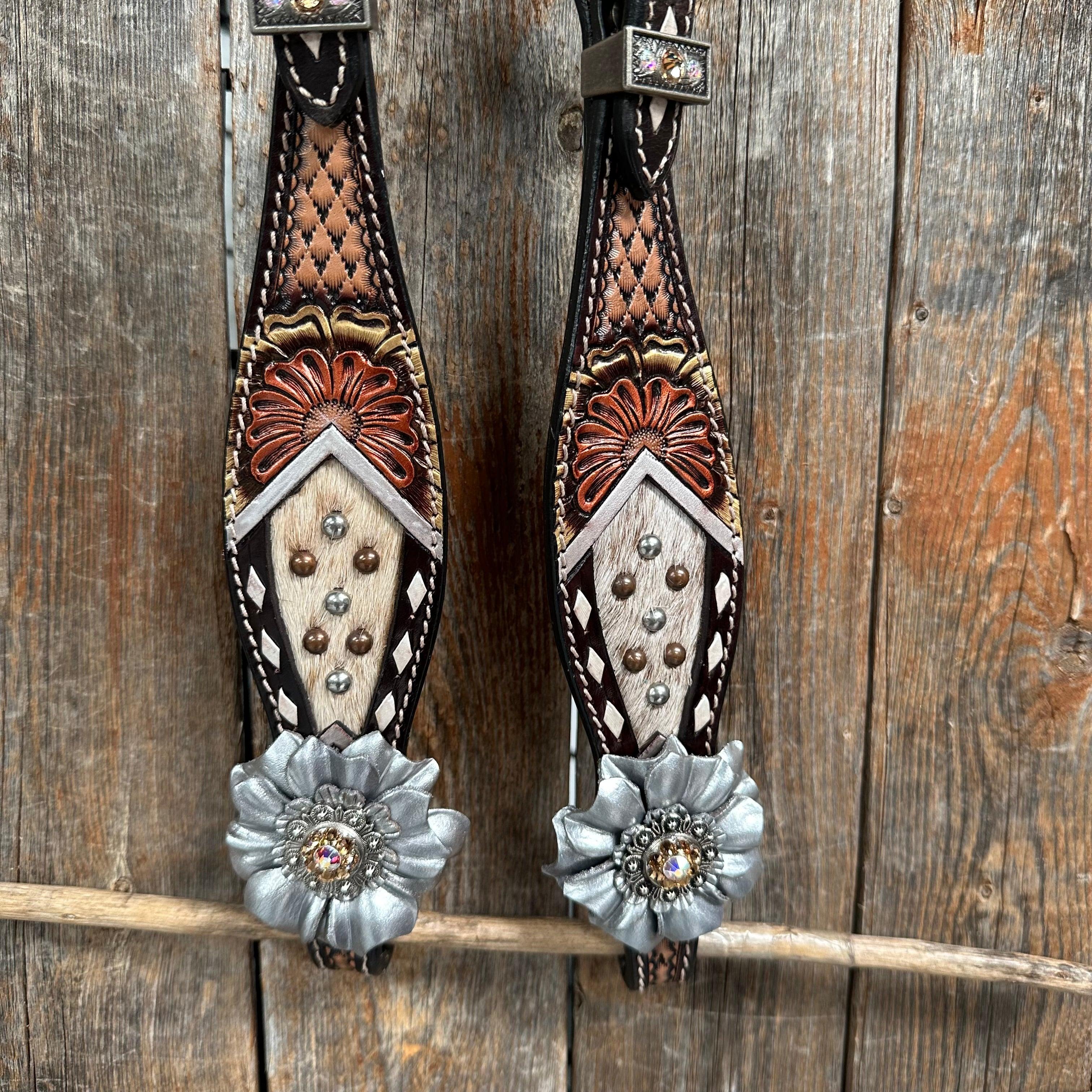 Cowhide Champagne and Silver One Ear/ Breastcollar #OEBC556 - RODEO DRIVE