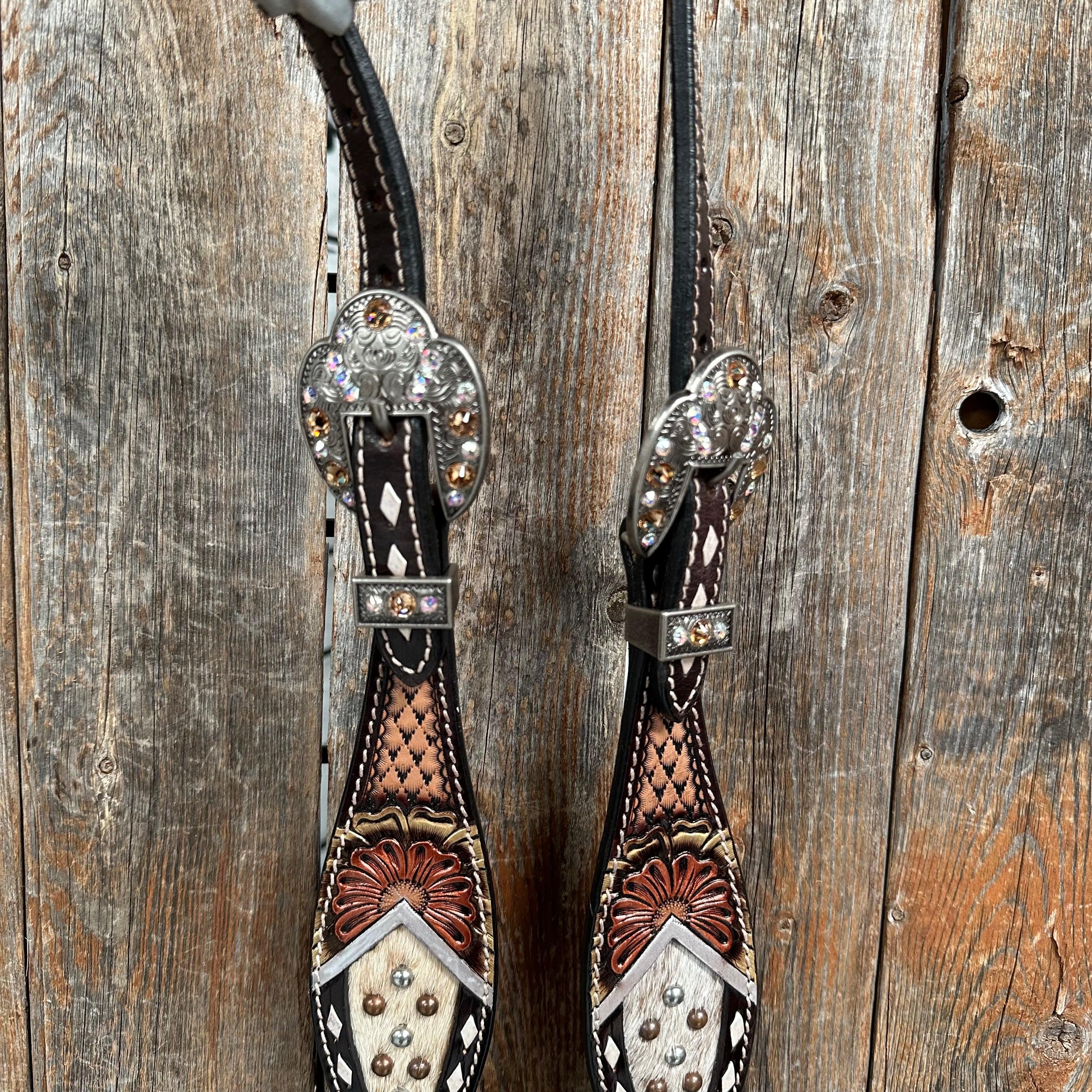 Cowhide Champagne and Silver One Ear/ Breastcollar #OEBC556 - RODEO DRIVE