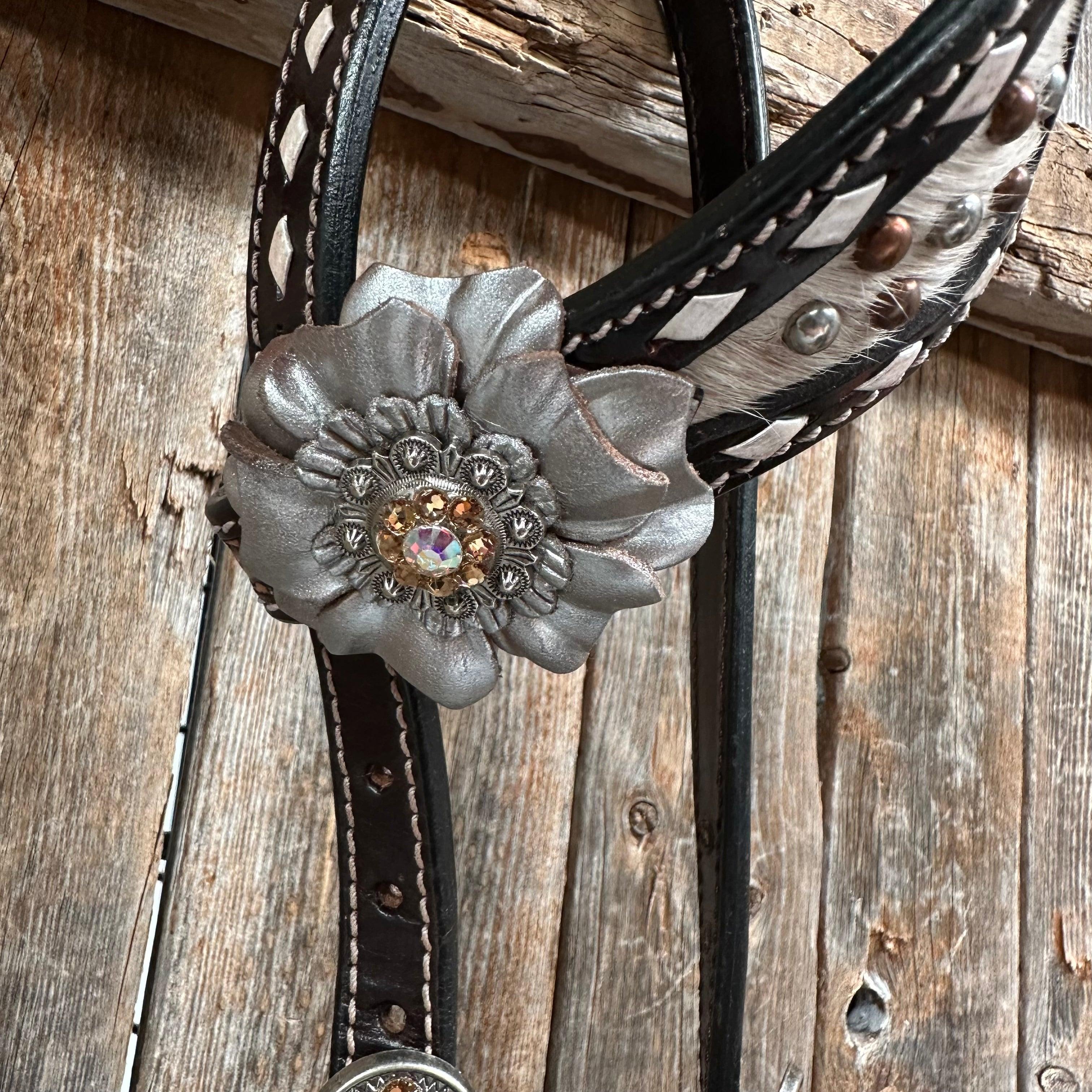 Cowhide Champagne and Silver One Ear/ Breastcollar #OEBC556 - RODEO DRIVE