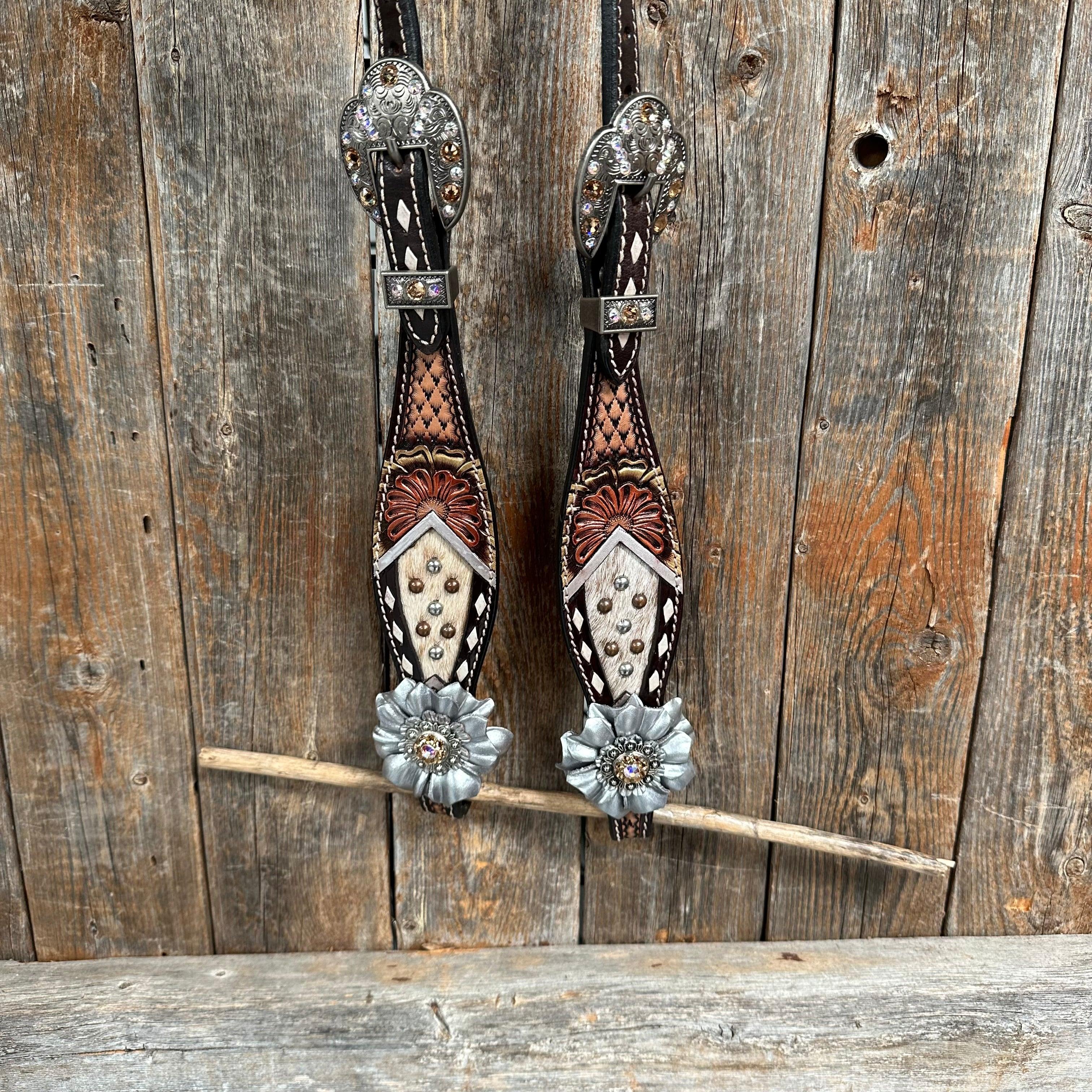 Cowhide Champagne and Silver One Ear/ Breastcollar #OEBC556 - RODEO DRIVE