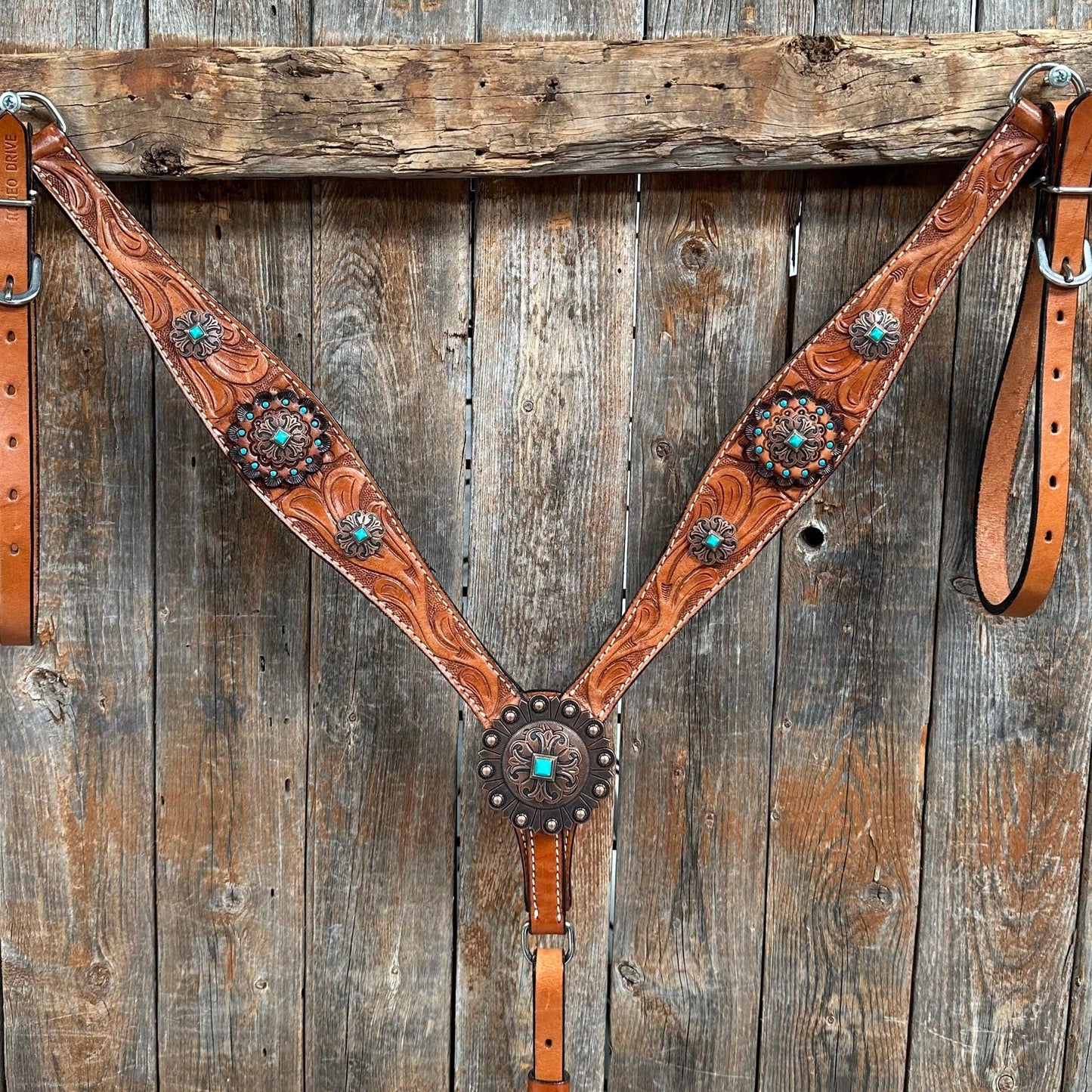 Light Oil V Brow Copper and Turquoise Browband & Breastcollar Tack Set #BBBC557 - RODEO DRIVE