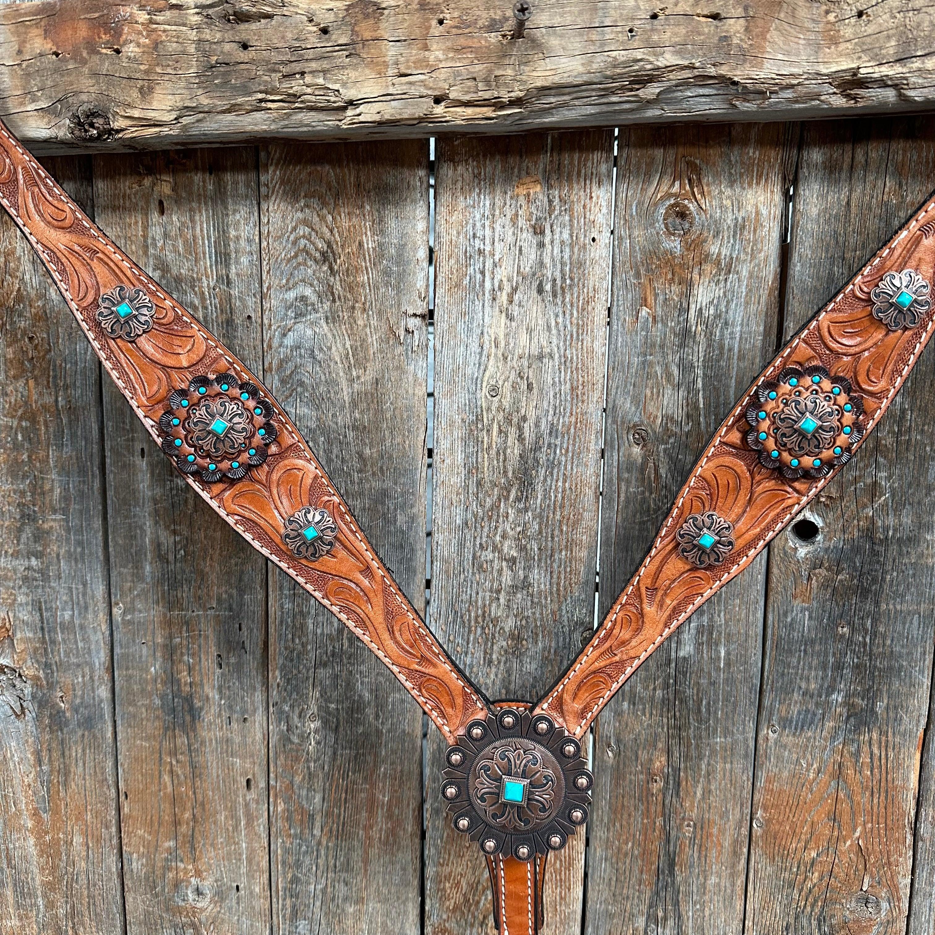 Light Oil V Brow Copper and Turquoise Browband & Breastcollar Tack Set #BBBC557 - RODEO DRIVE