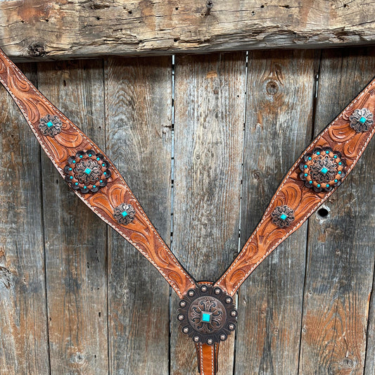 Light Oil V Brow Copper and Turquoise Browband & Breastcollar Tack Set #BBBC557 - RODEO DRIVE