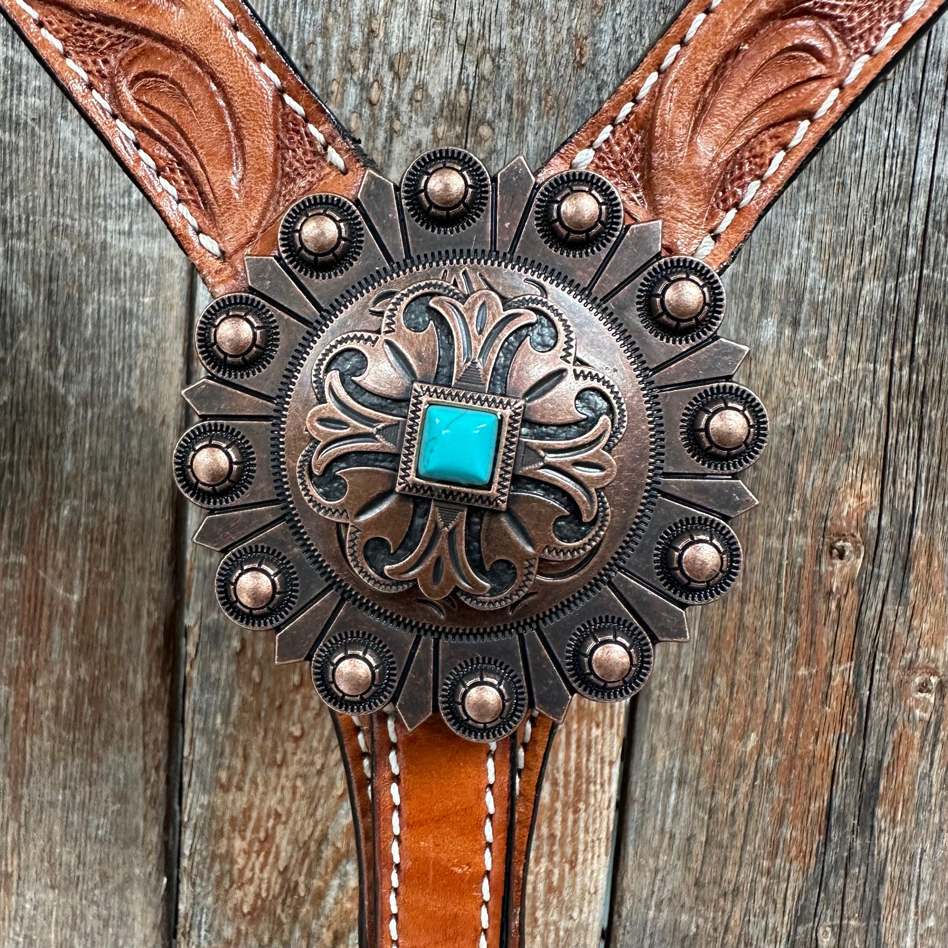 Light Oil V Brow Copper and Turquoise Browband & Breastcollar Tack Set #BBBC557 - RODEO DRIVE