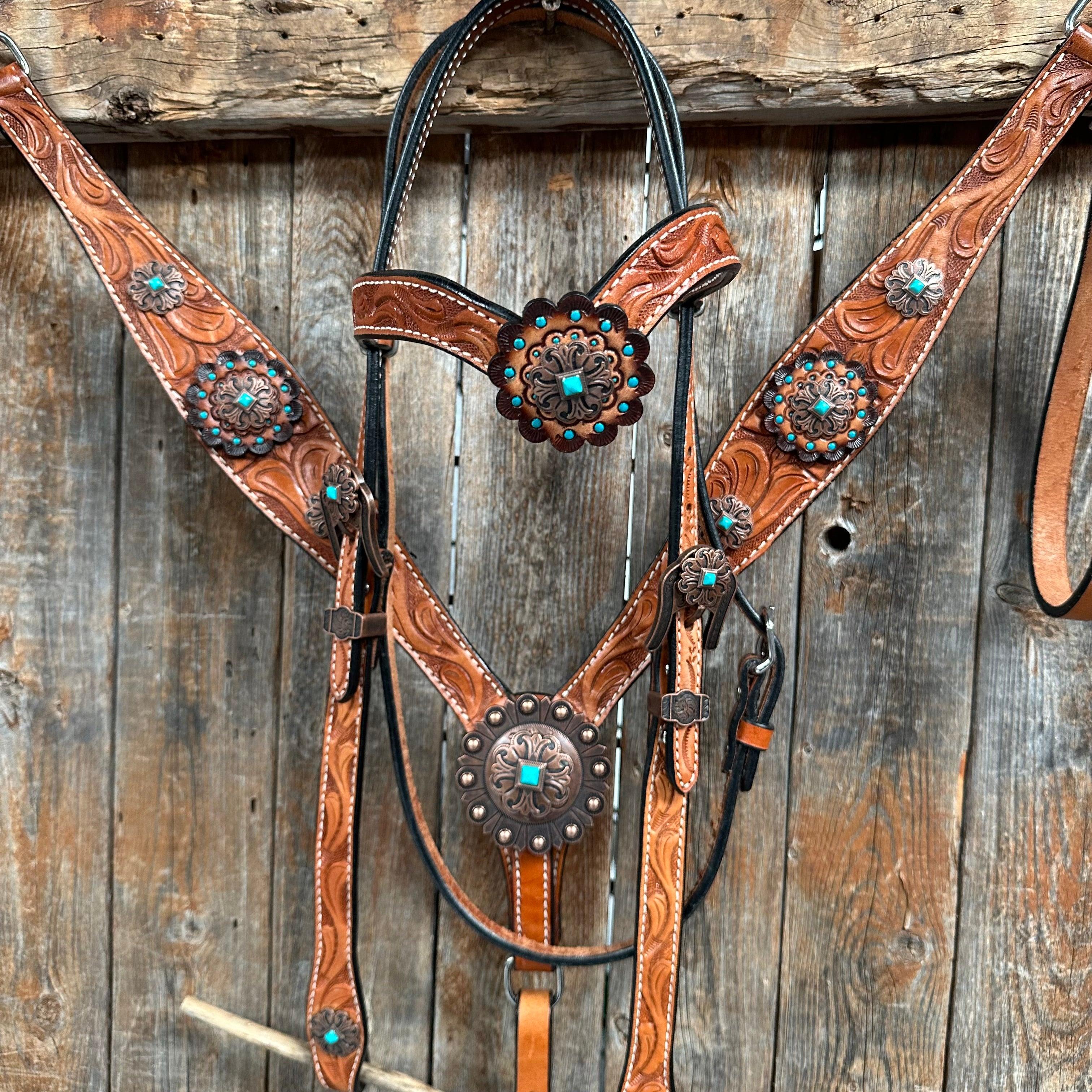 Light Oil V Brow Copper and Turquoise Browband & Breastcollar Tack Set #BBBC557 - RODEO DRIVE