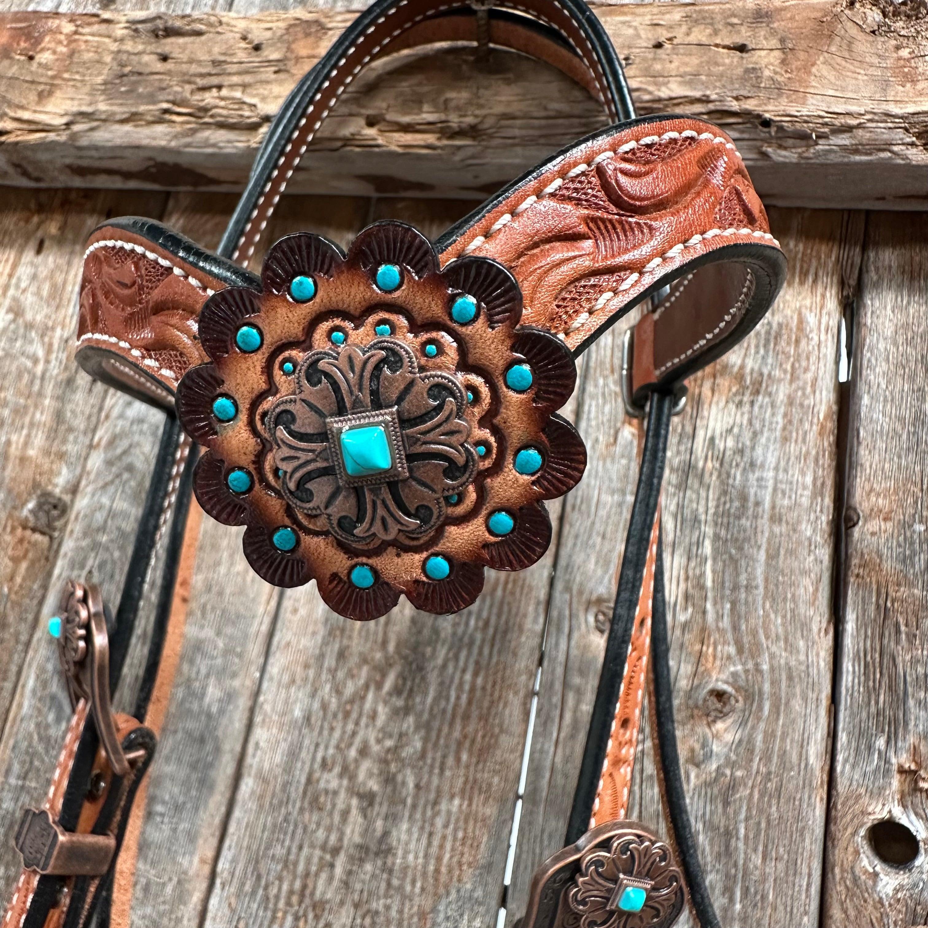 Light Oil V Brow Copper and Turquoise Browband & Breastcollar Tack Set #BBBC557 - RODEO DRIVE