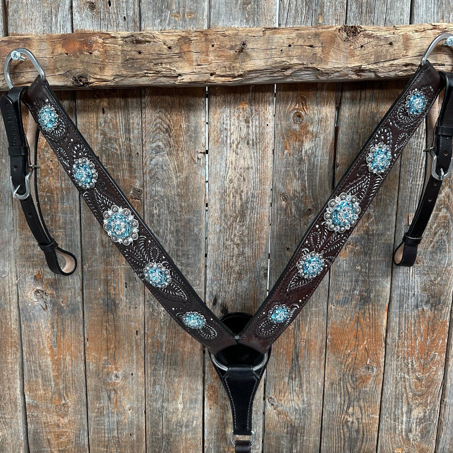 Hand Painted Paisley Aqua and Clear One Ear/ Breastcollar #OEBC558 - RODEO DRIVE