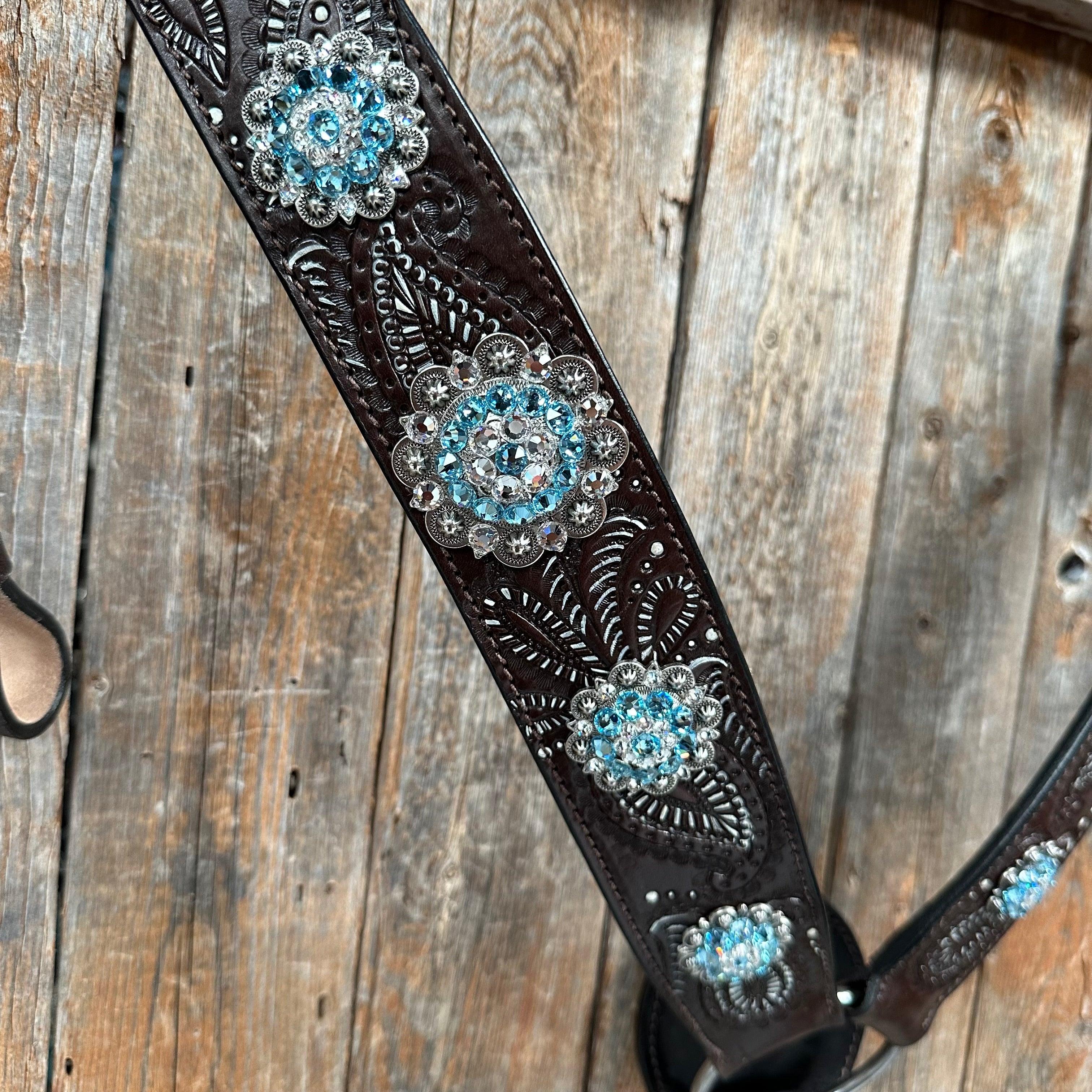 Hand Painted Paisley Aqua and Clear One Ear/ Breastcollar #OEBC558 - RODEO DRIVE