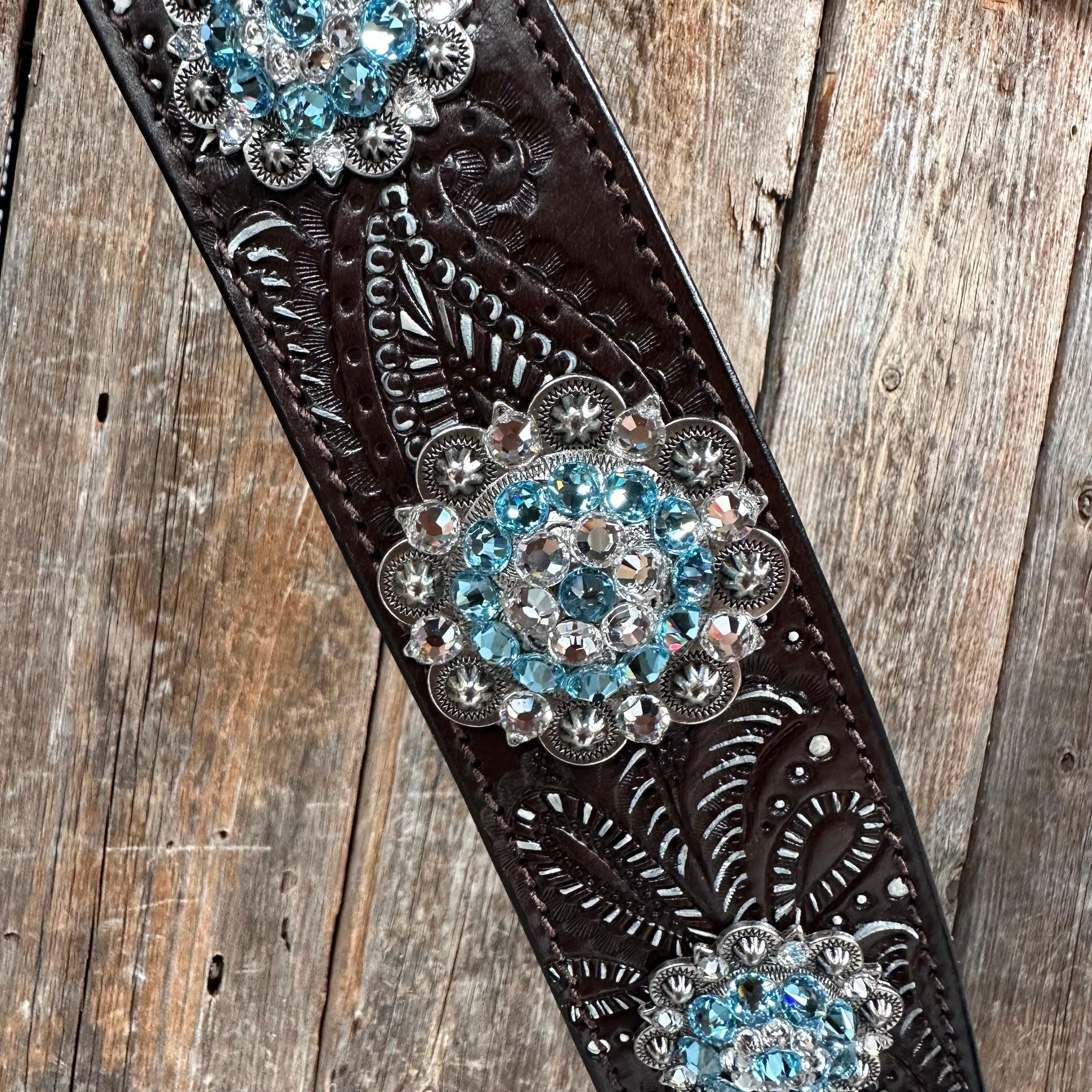 Hand Painted Paisley Aqua and Clear One Ear/ Breastcollar #OEBC558 - RODEO DRIVE