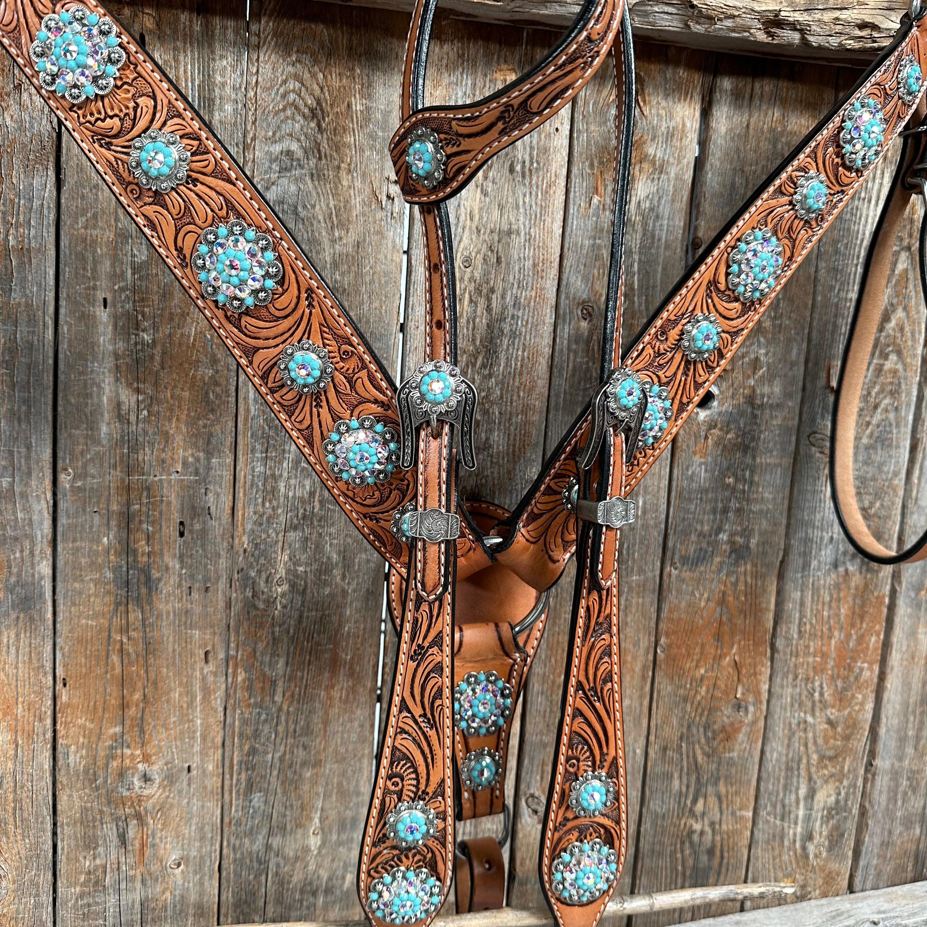 Western Brown Leather Bling Tack Set With White & Red Buckstitch