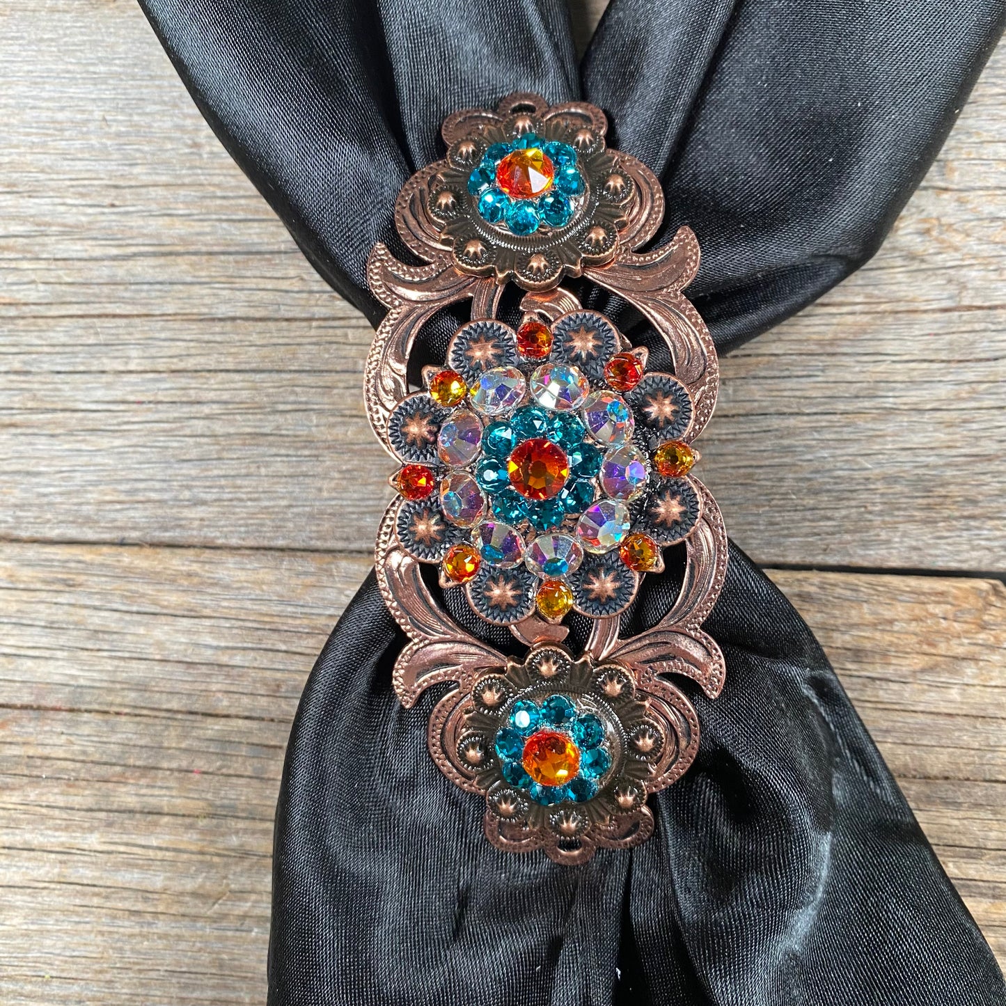Triple Concho Copper Crystal Slide Fire Opal, Teal and AB