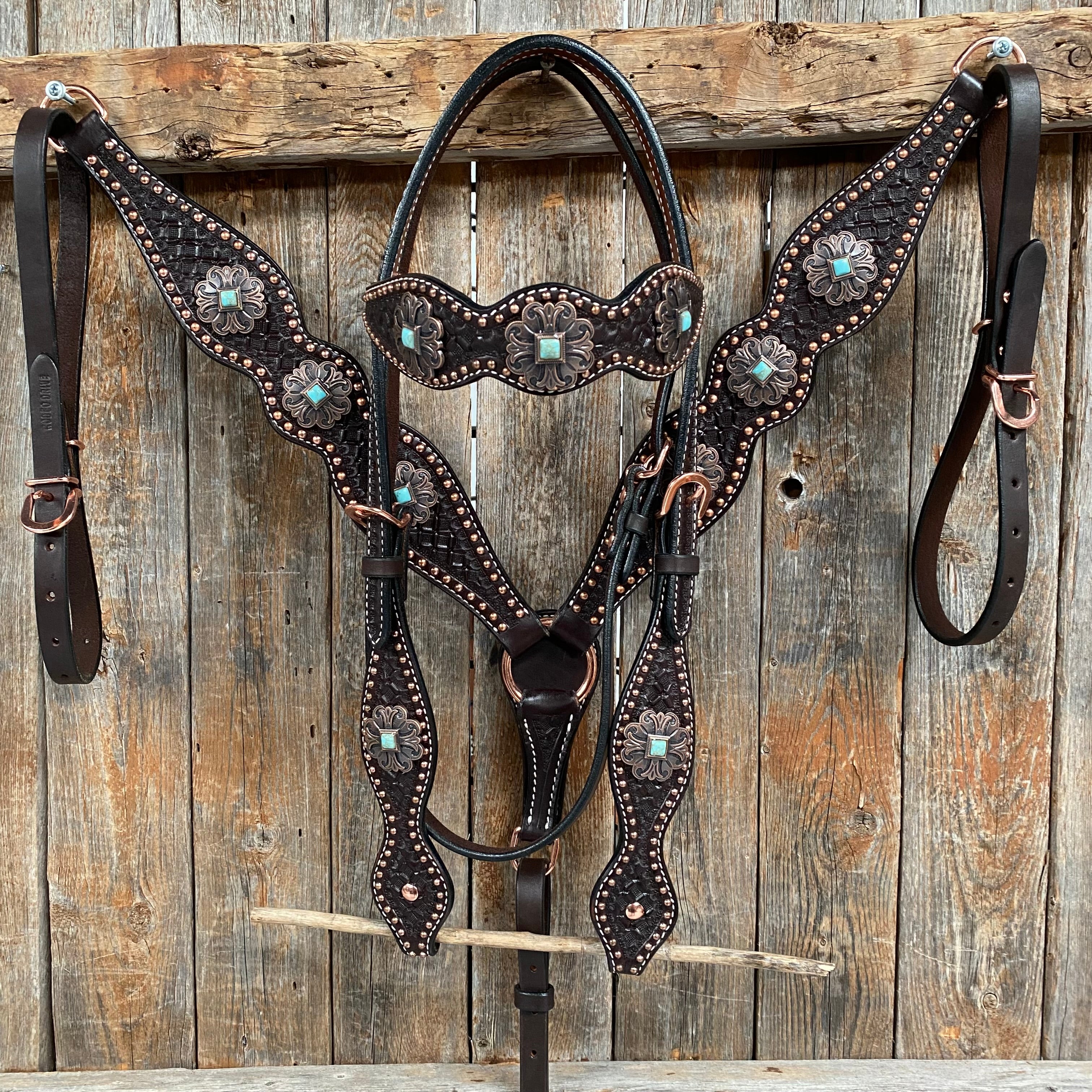 Copper Dot Honeycomb Turquoise  Browband / One Ear Tack Set #BBBC583