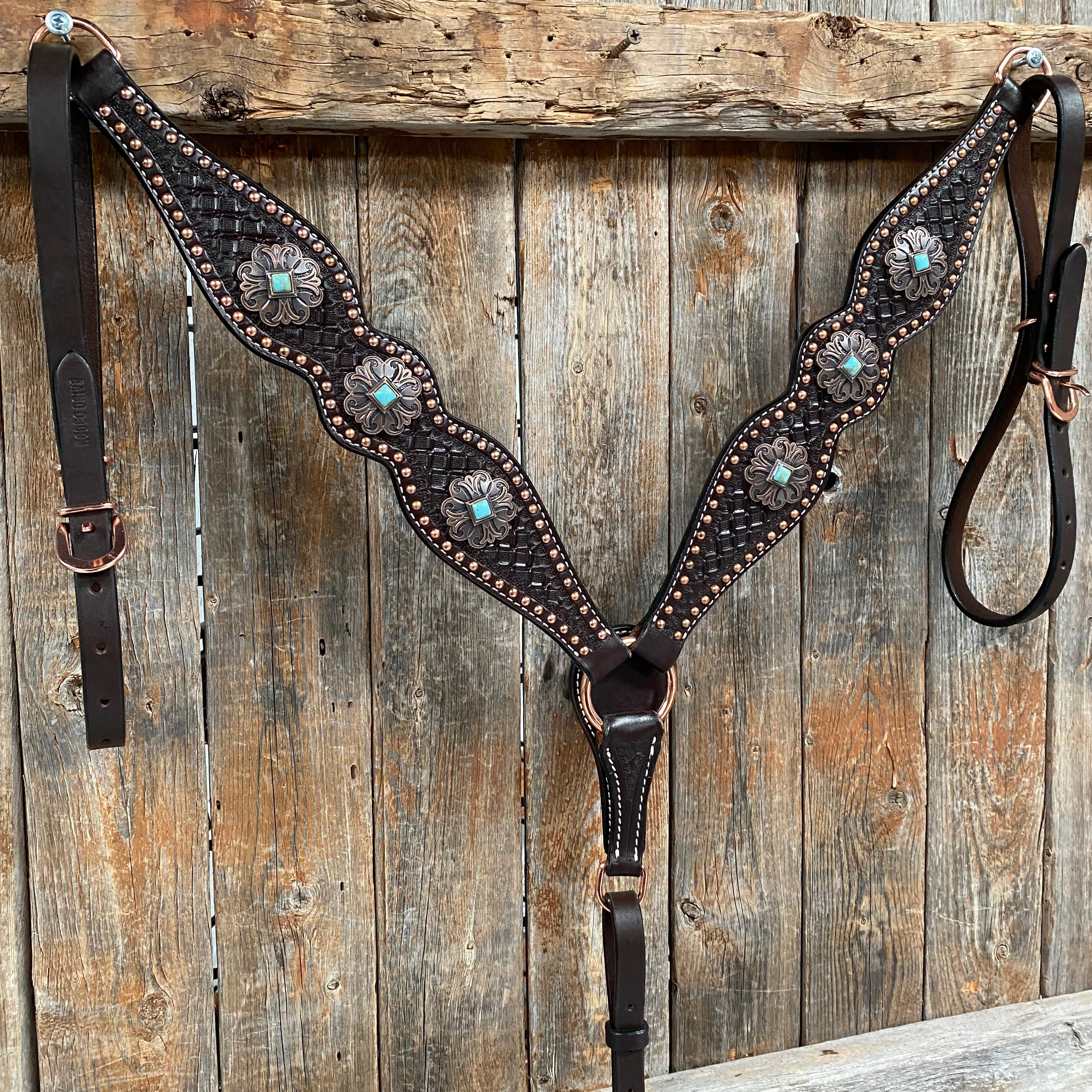 Copper Dot Honeycomb Turquoise  Browband / One Ear Tack Set #BBBC583