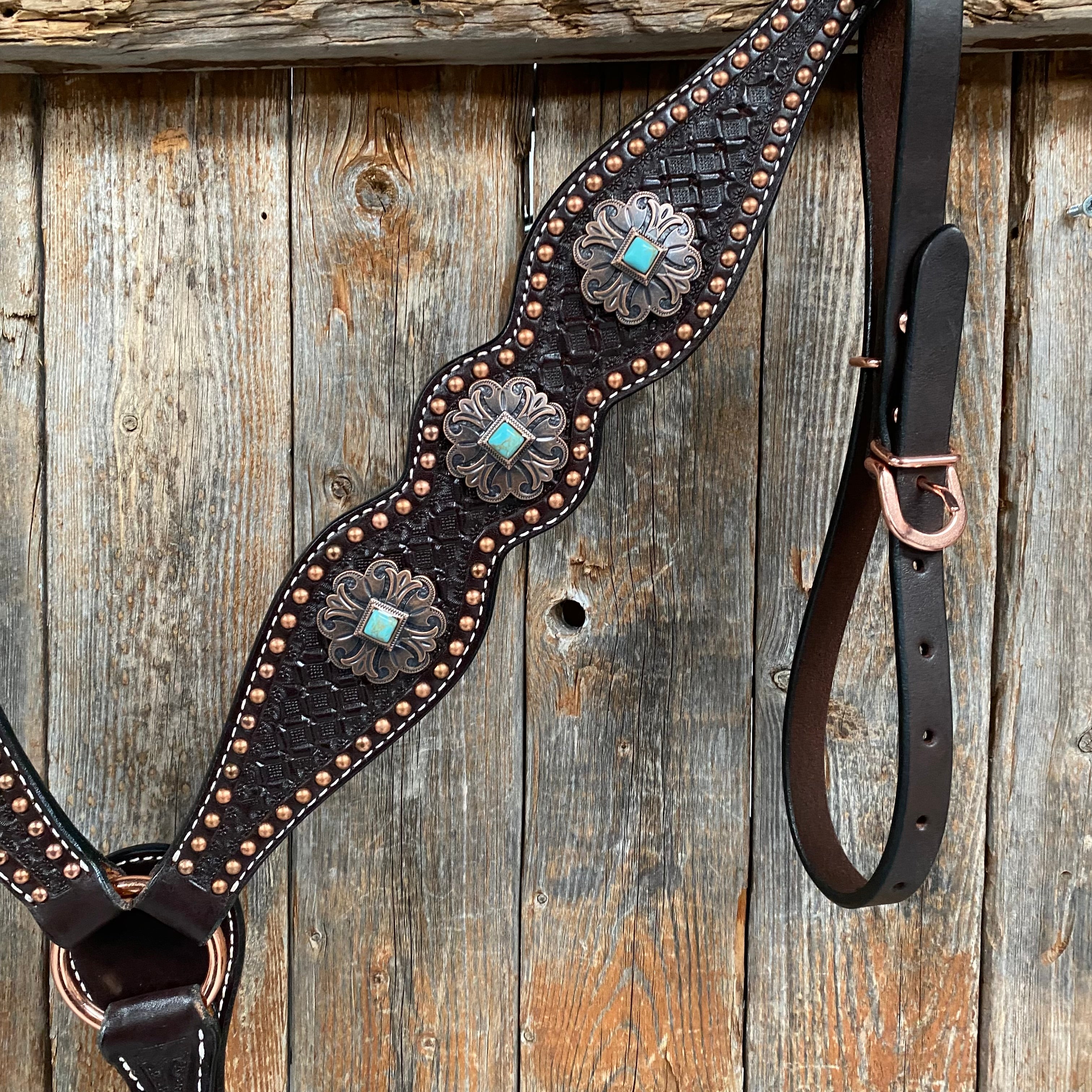 Copper Dot Honeycomb Turquoise  Browband / One Ear Tack Set #BBBC583