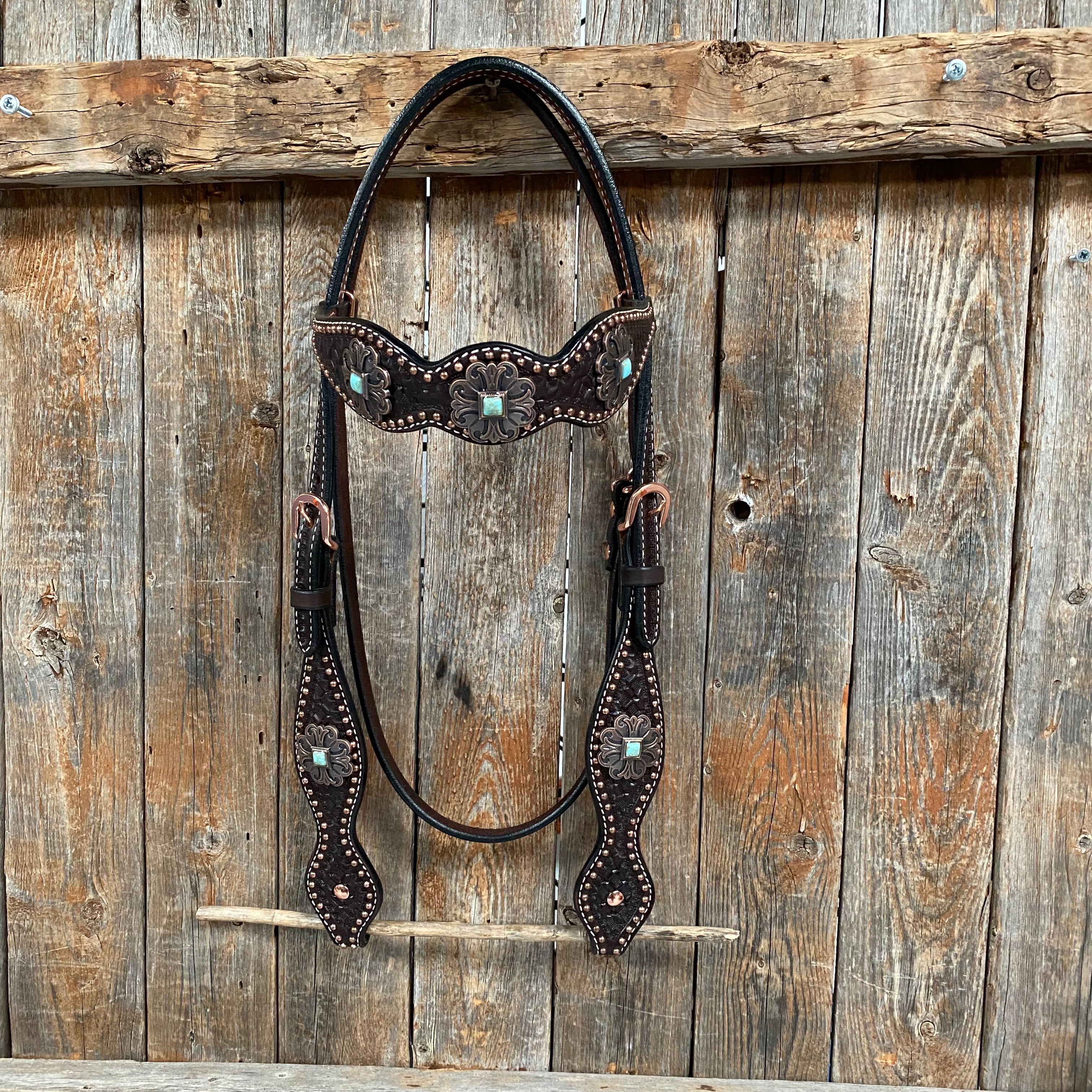 Copper Dot Honeycomb Turquoise  Browband / One Ear Tack Set #BBBC583