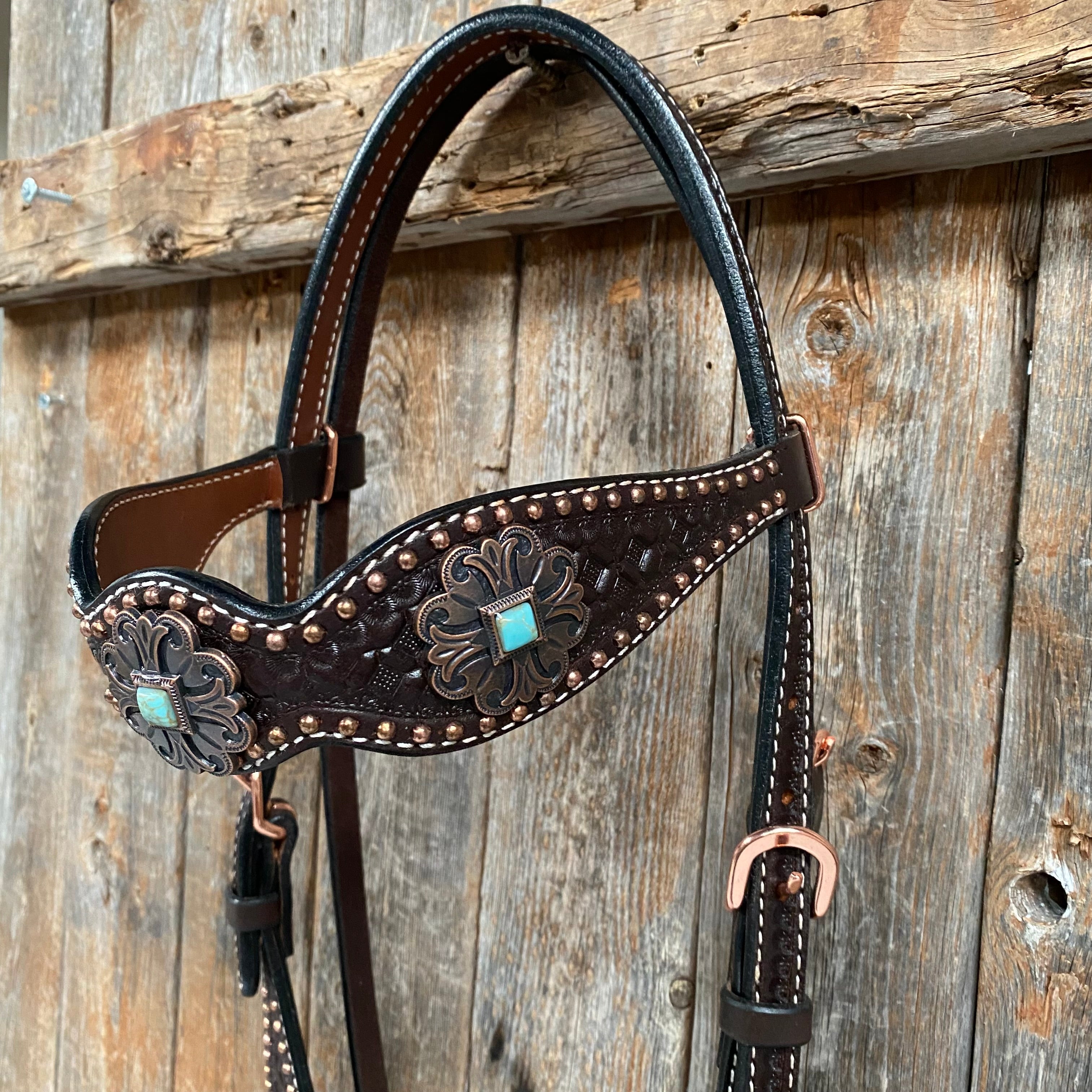 Copper Dot Honeycomb Turquoise  Browband / One Ear Tack Set #BBBC583