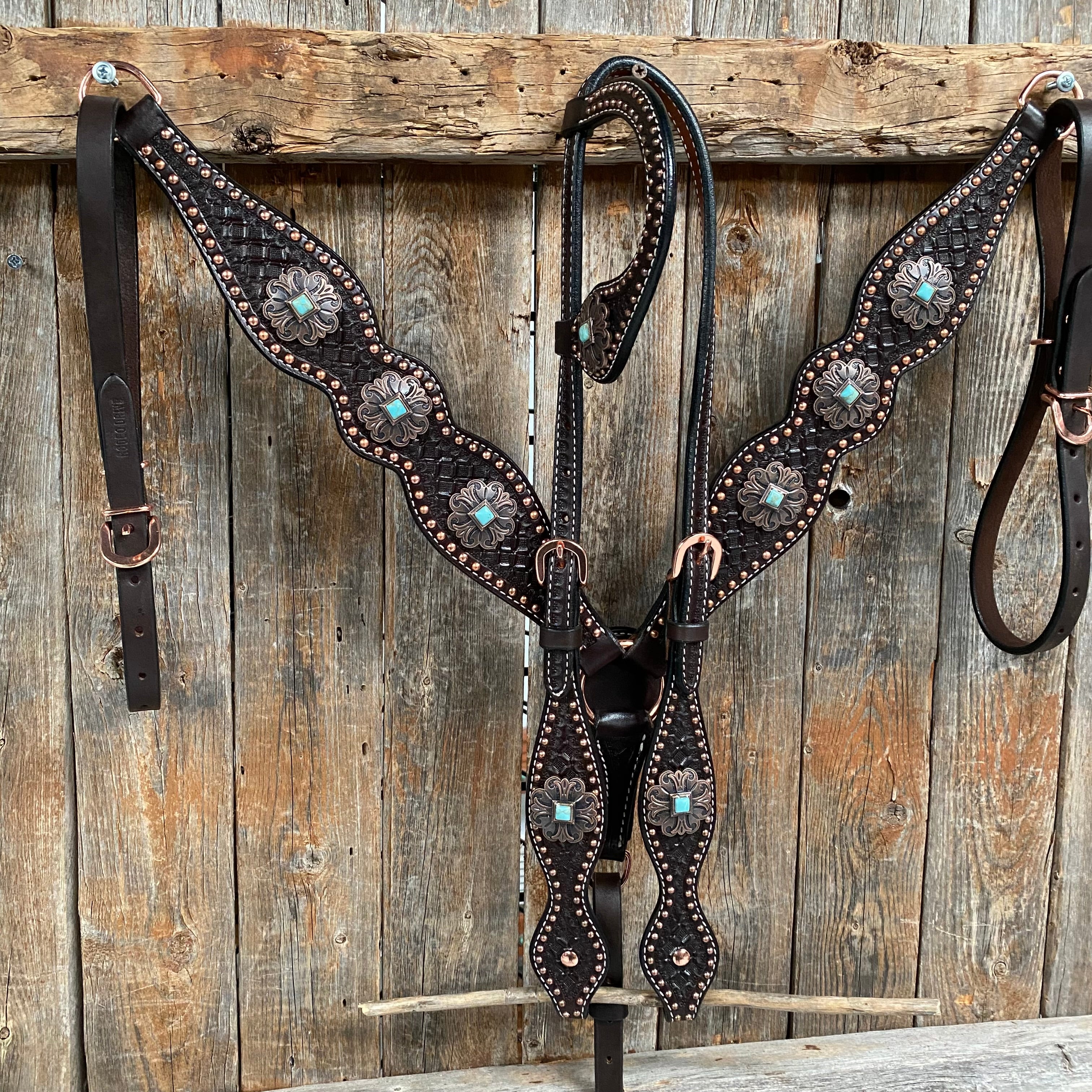 Copper Dot Honeycomb Turquoise  Browband / One Ear Tack Set #BBBC583