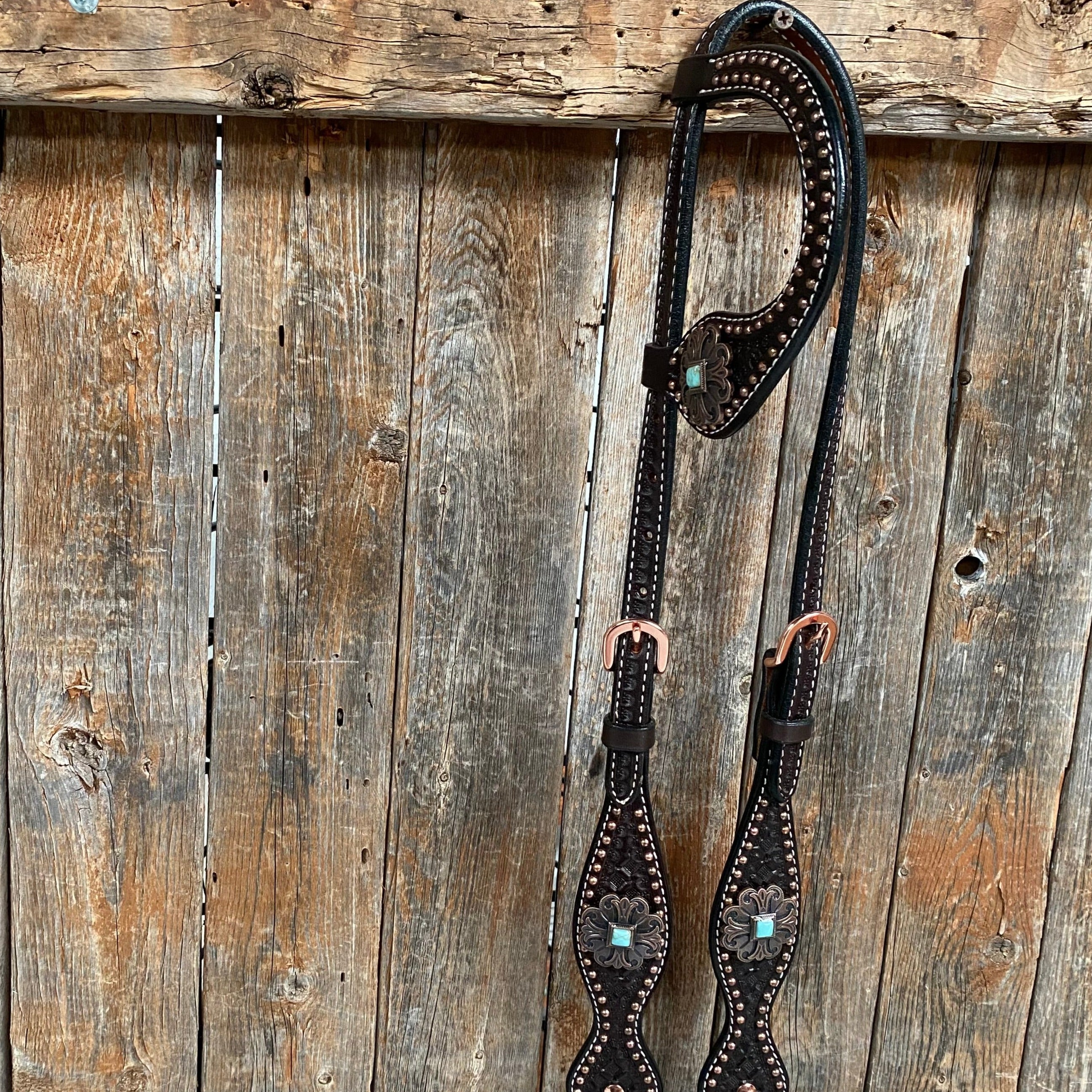 Copper Dot Honeycomb Turquoise  Browband / One Ear Tack Set #BBBC583