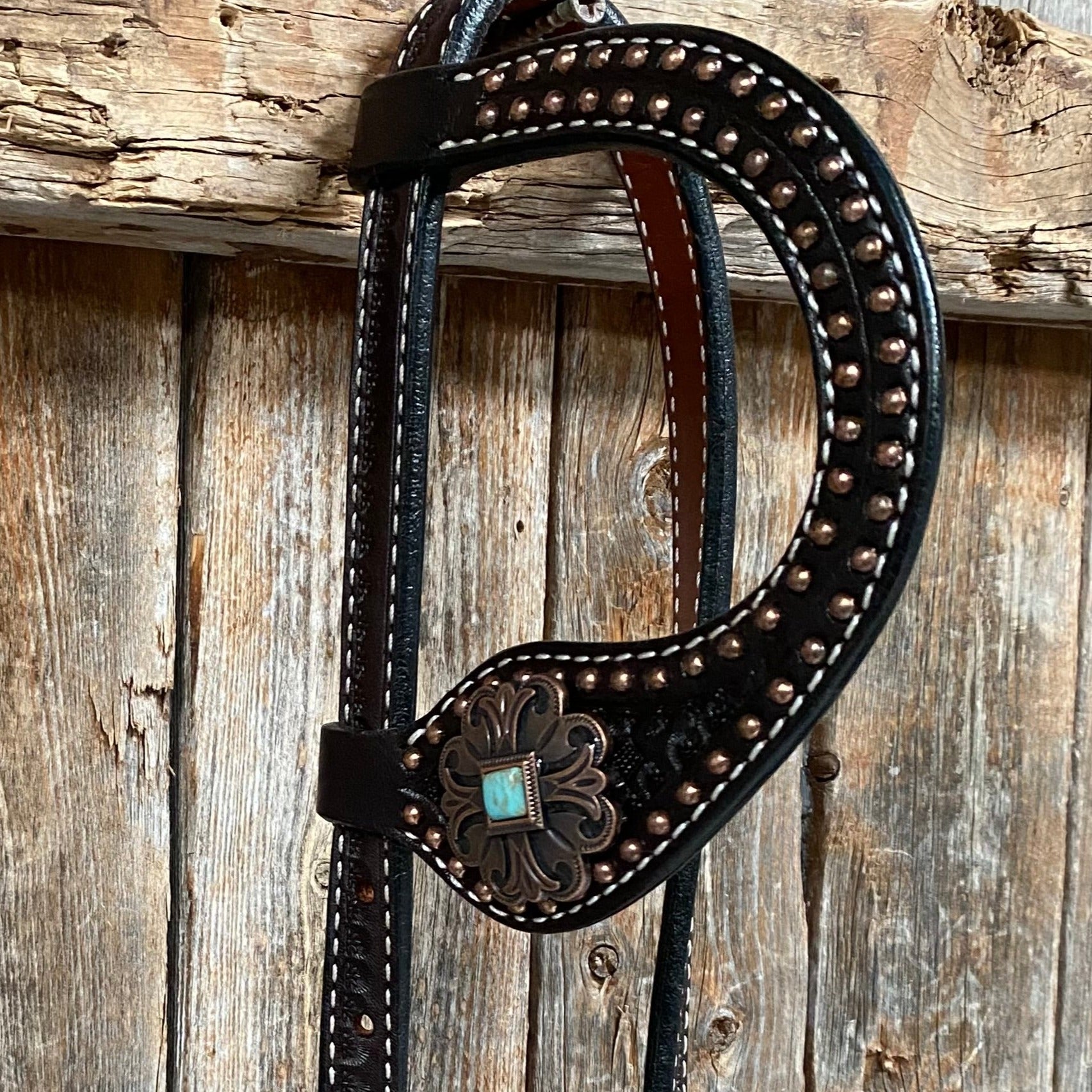 Copper Dot Honeycomb Turquoise  Browband / One Ear Tack Set #BBBC583