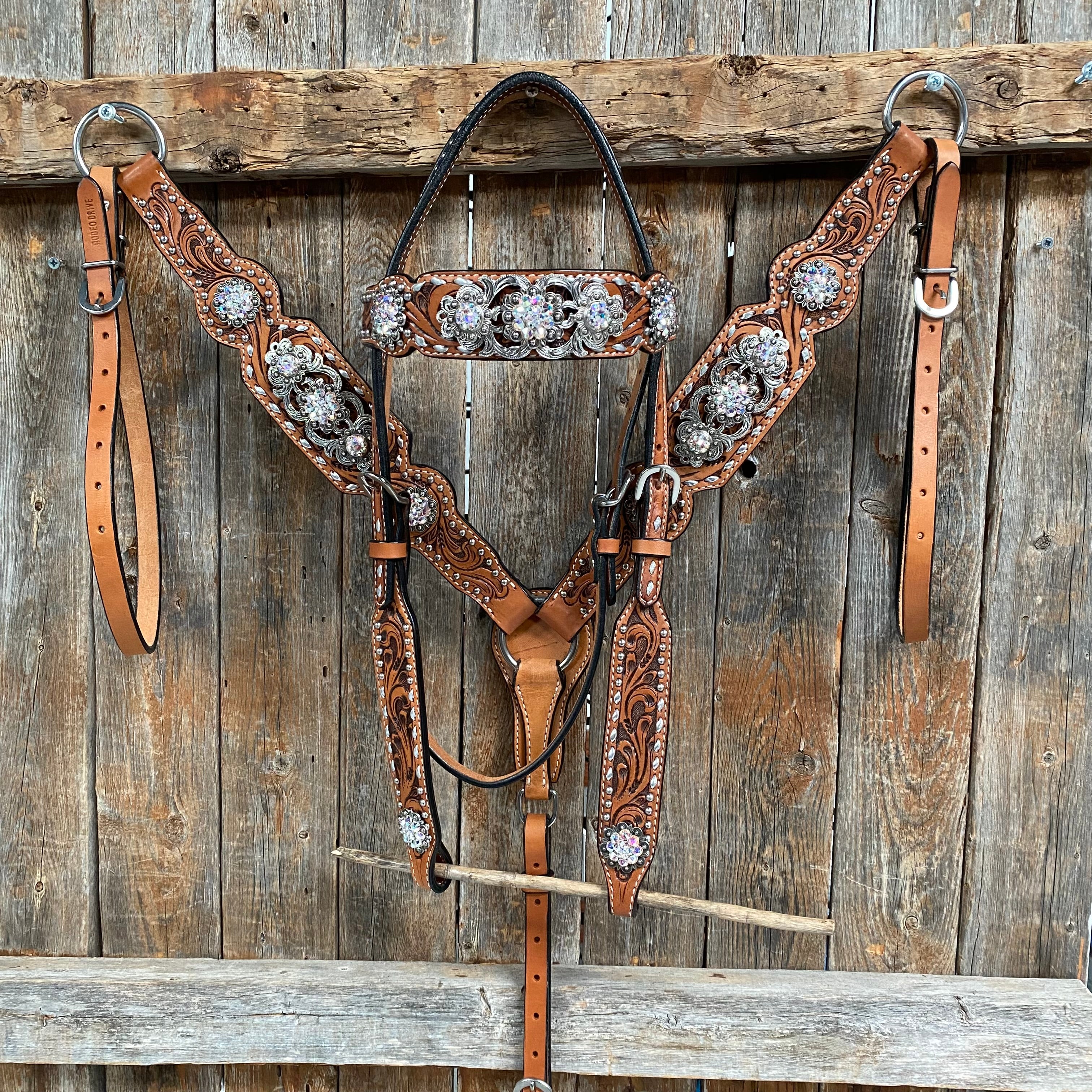Silver Dot and Buckstitch Fancy AB Browband Tack Set #BBBC582