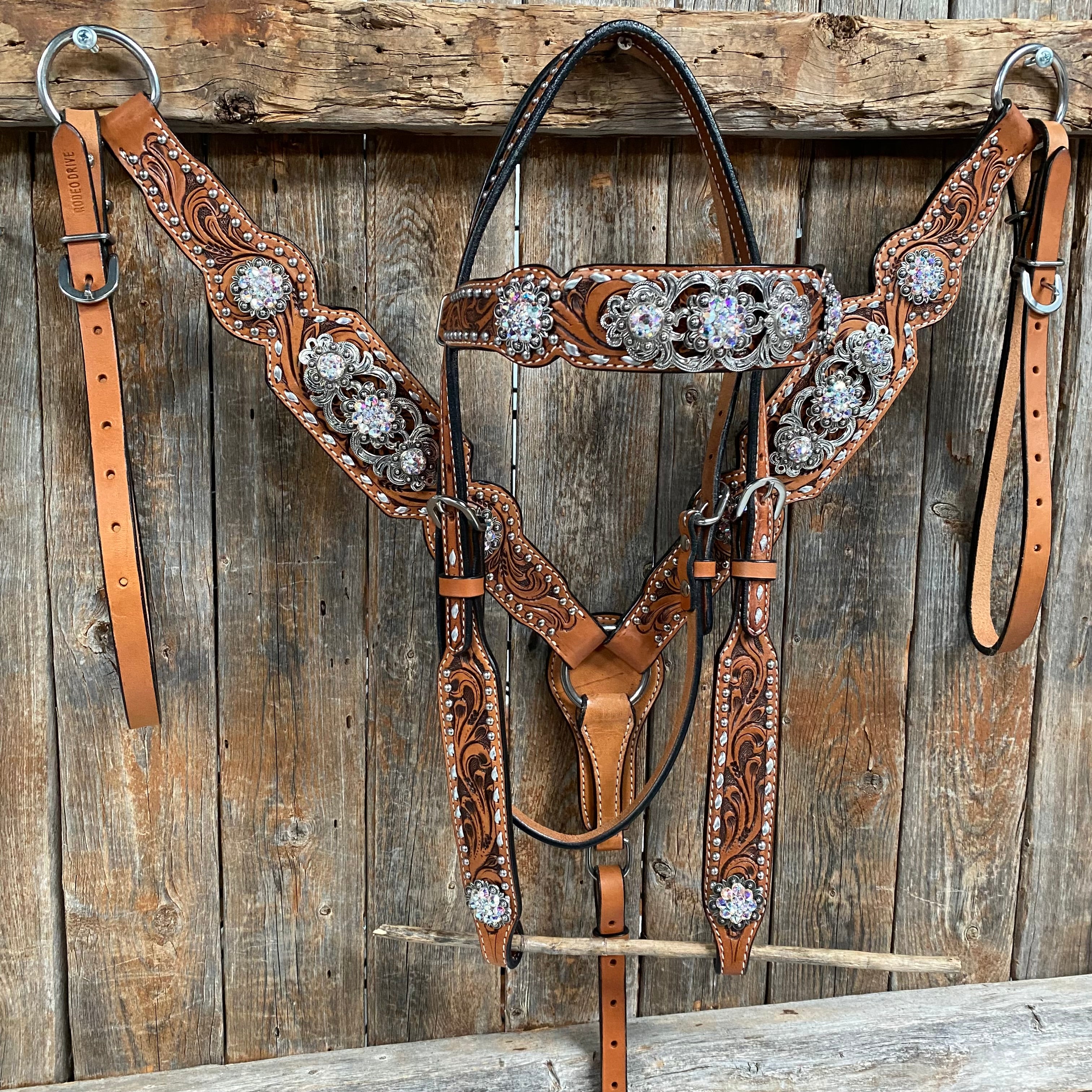 Silver Dot and Buckstitch Fancy AB Browband Tack Set #BBBC582