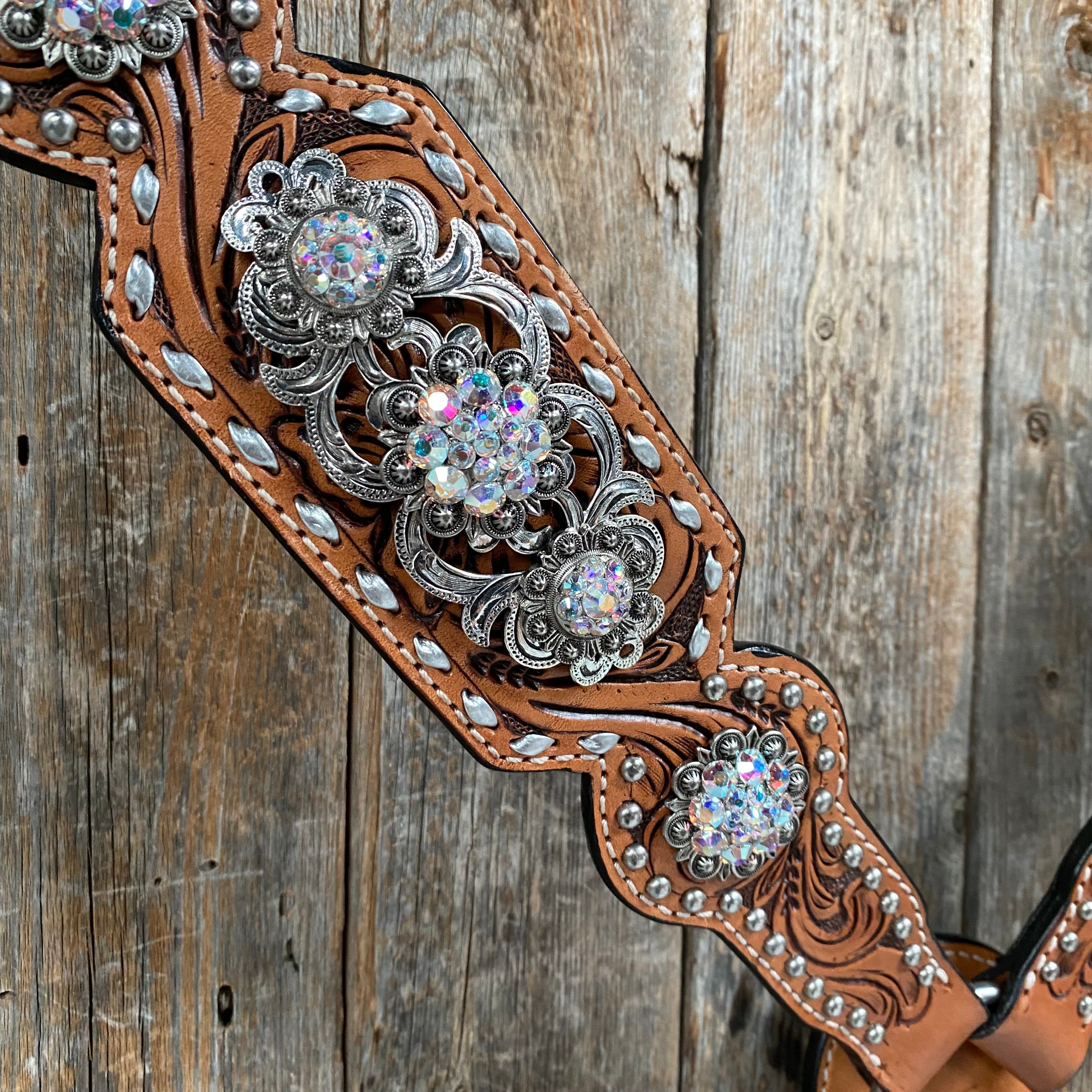 Silver Dot and Buckstitch Fancy AB Browband Tack Set #BBBC582