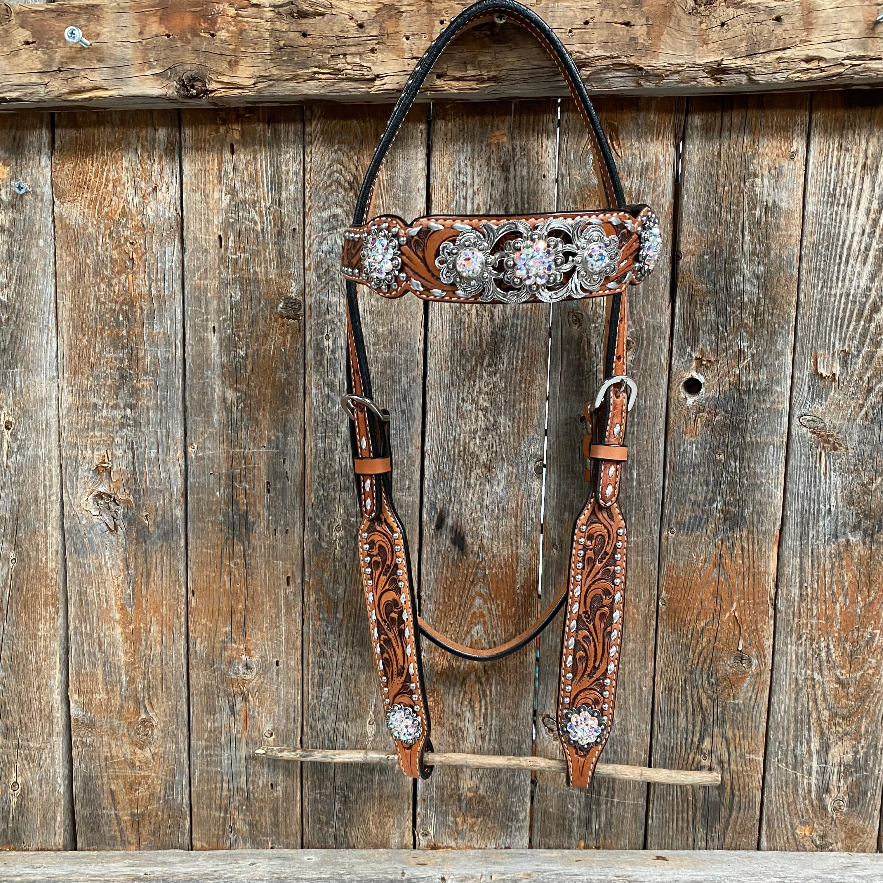 Silver Dot and Buckstitch Fancy AB Browband Tack Set #BBBC582
