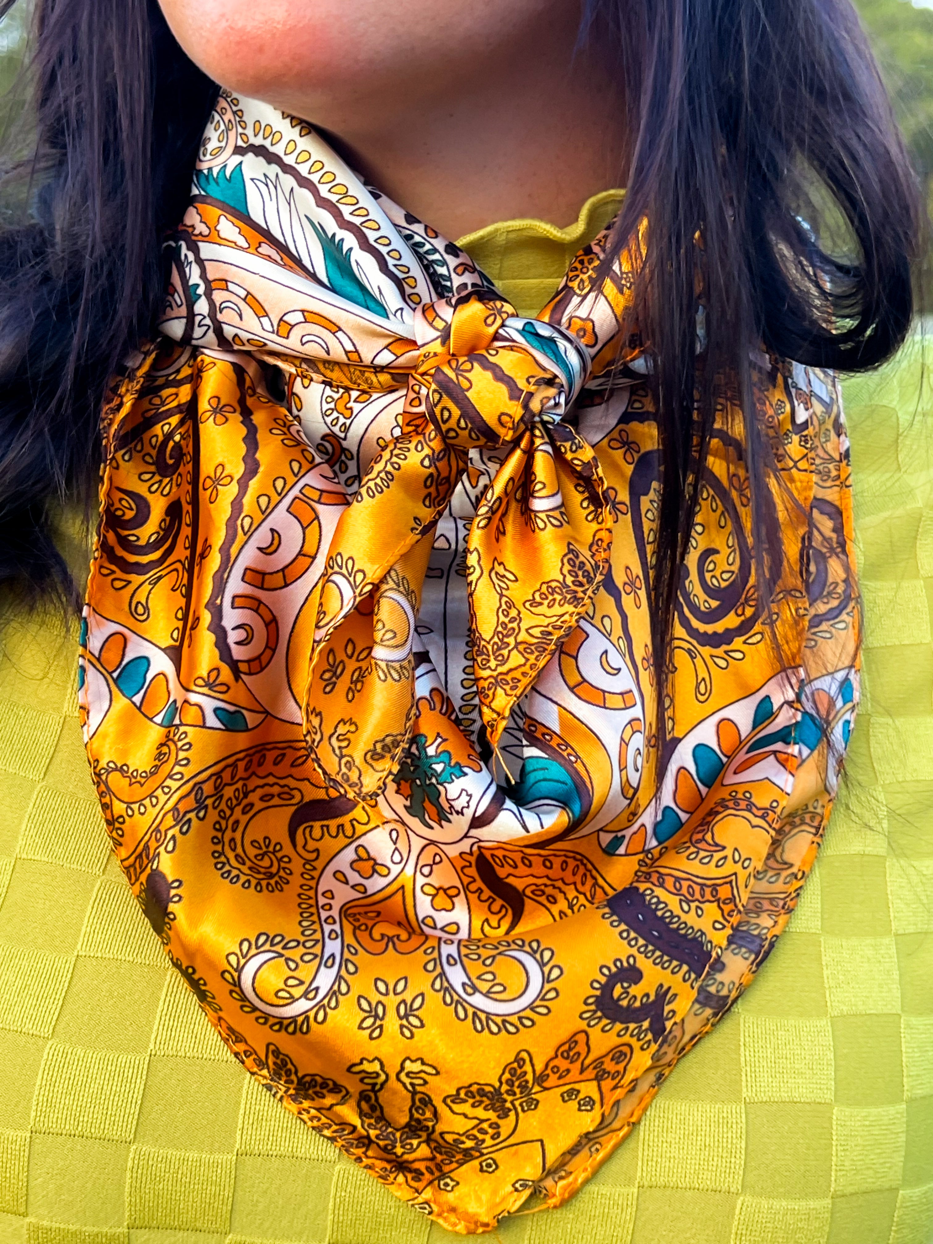 35X35" Golden, Green and Brown Paisley Wild Rag / Scarf WR1003