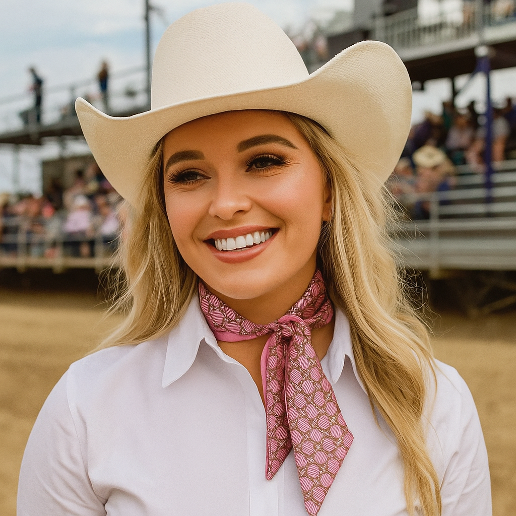 Woman wearing a beige cowboy hat and pink scarf at a rodeo event