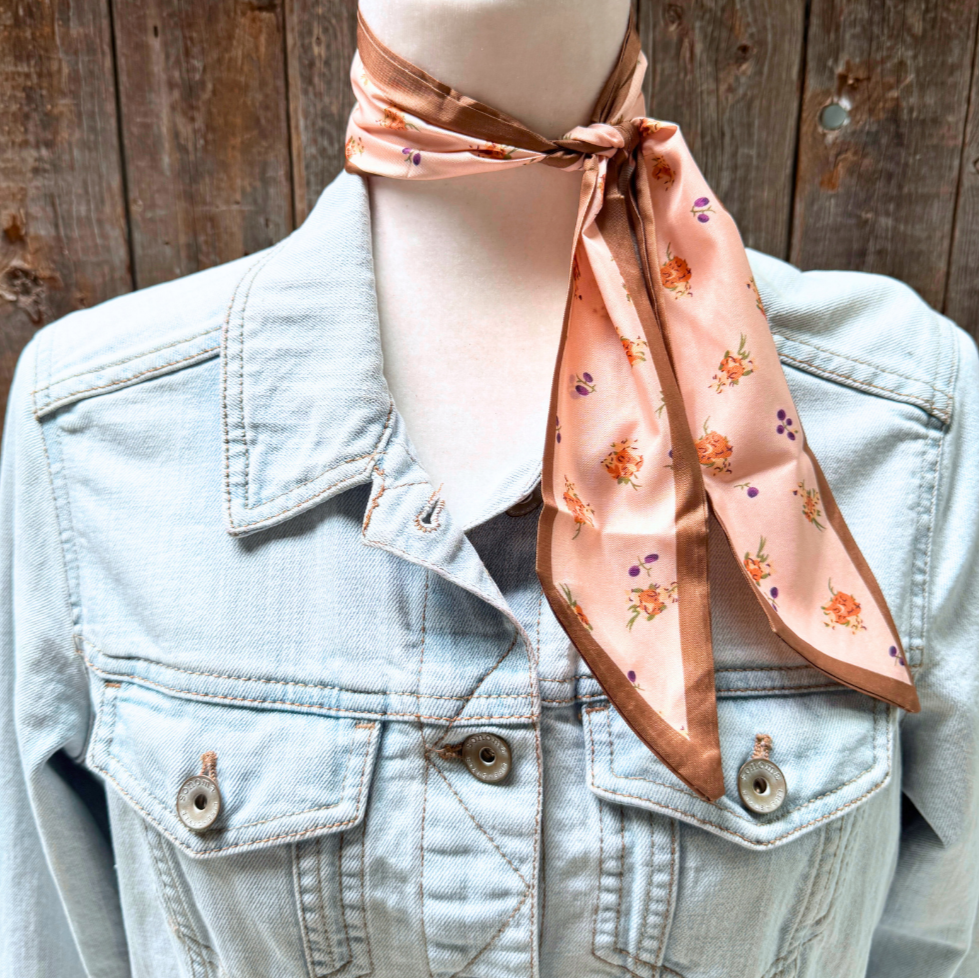 Pink and tan floral Wild_Rag_Scarf_for_NFR_Cowgirls_Rodeo_Drive_Conchos