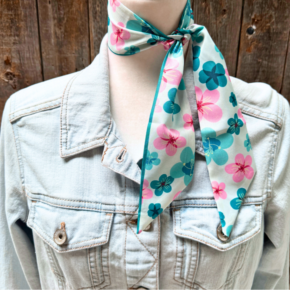 Pink and teal floral Wild_Rag_Scarf_for_NFR_Cowgirls_Rodeo_Drive_Conchos