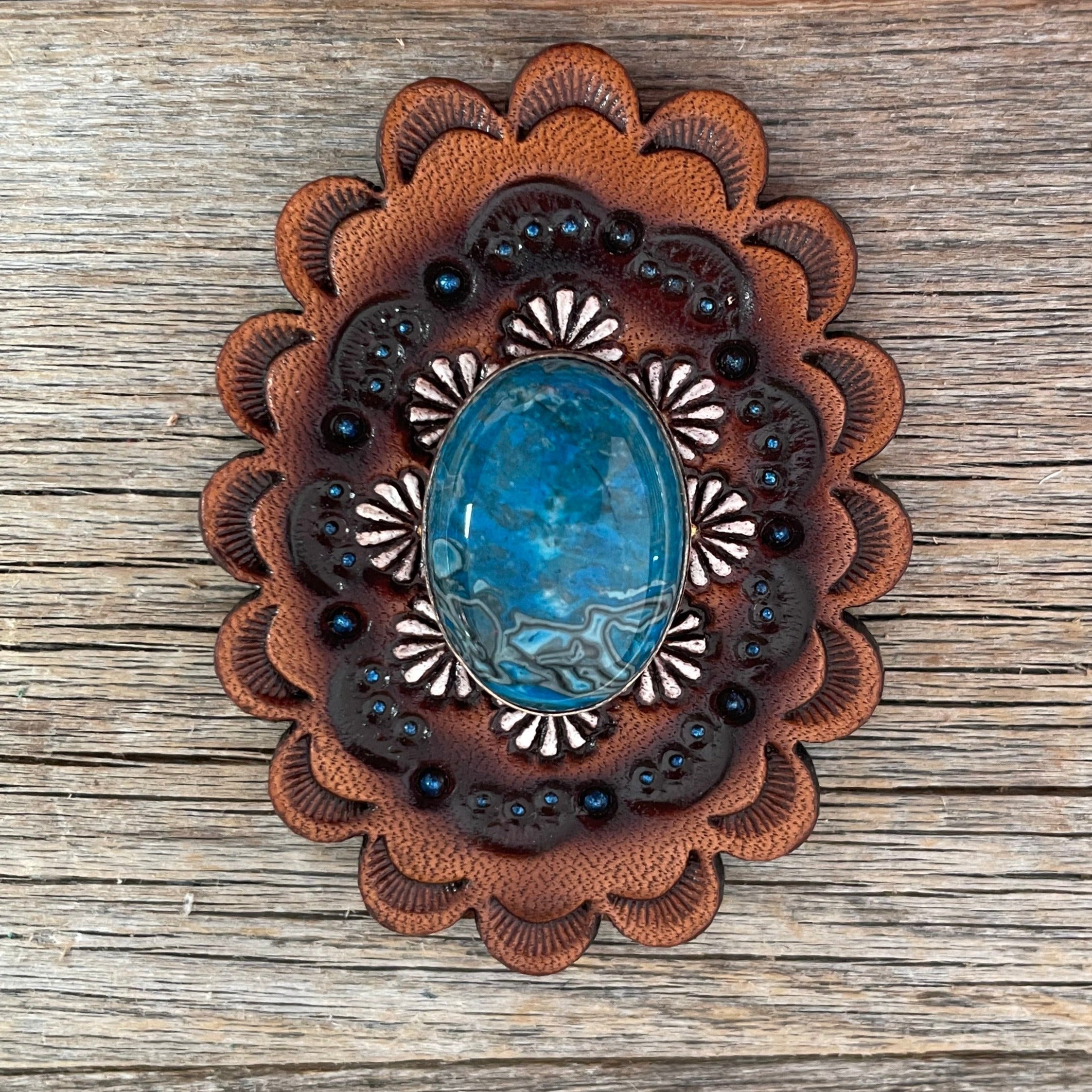 Blue Cabochon Stone - Leather Rosette Options -