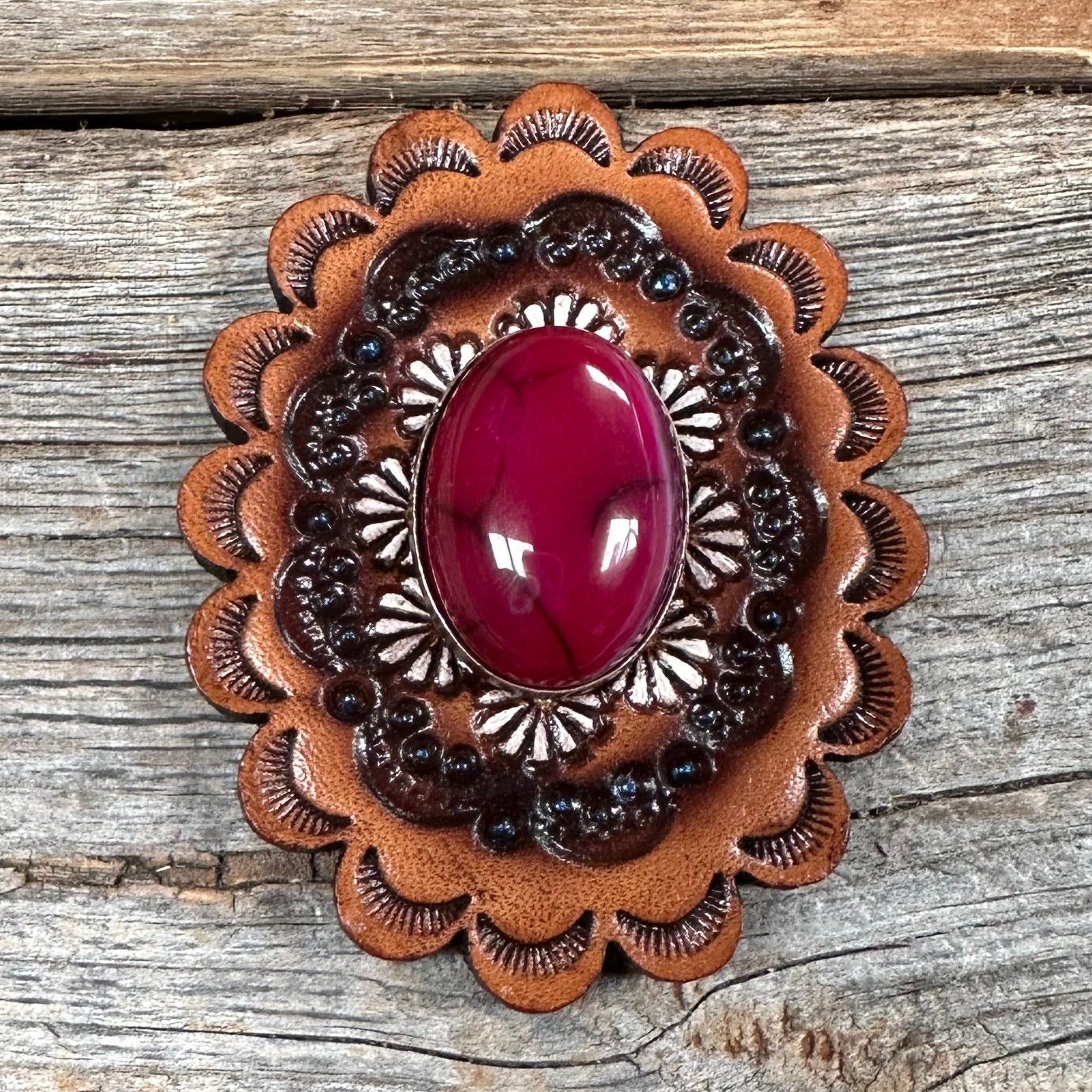 Fuchsia Cabochon Stone - Leather Rosette Options