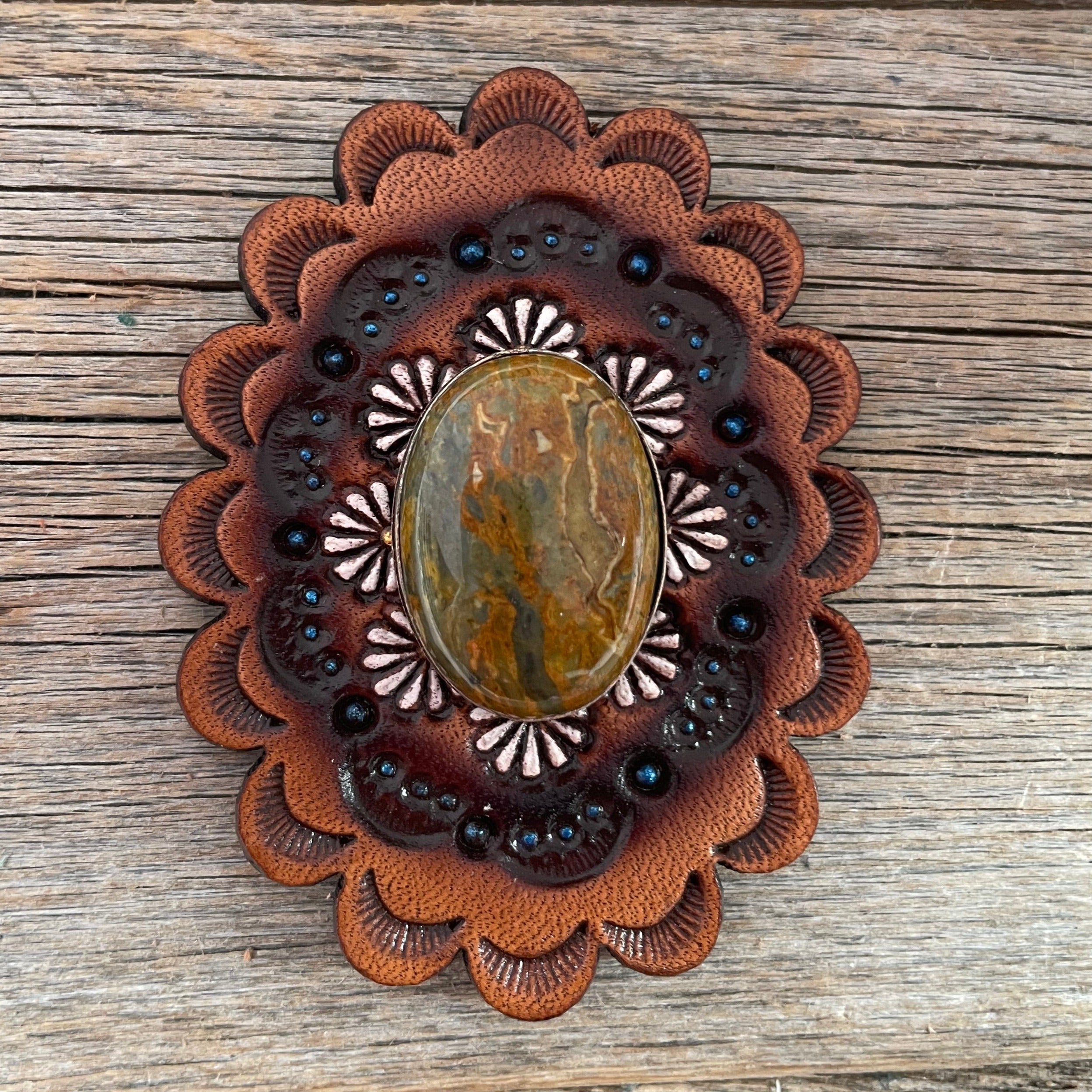 Sage Cabochon Stone - Leather Rosette Options -