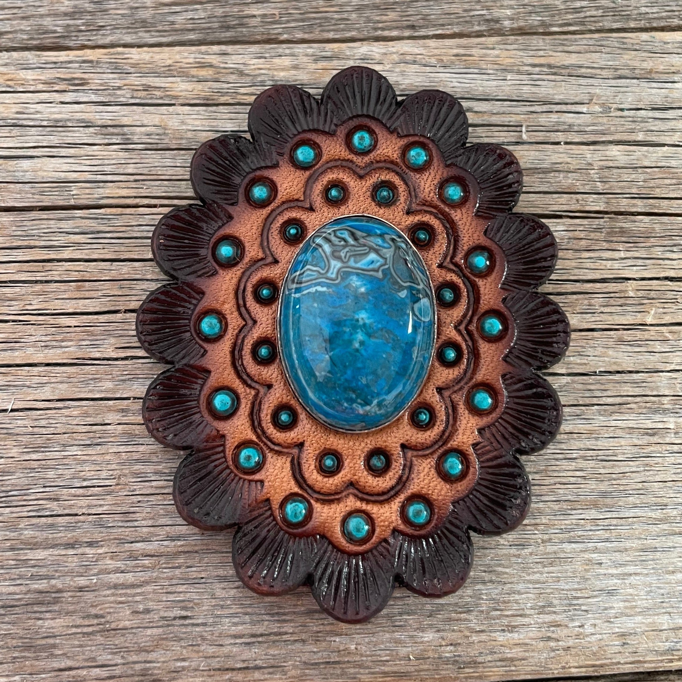 Blue Cabochon Stone - Leather Rosette Options -