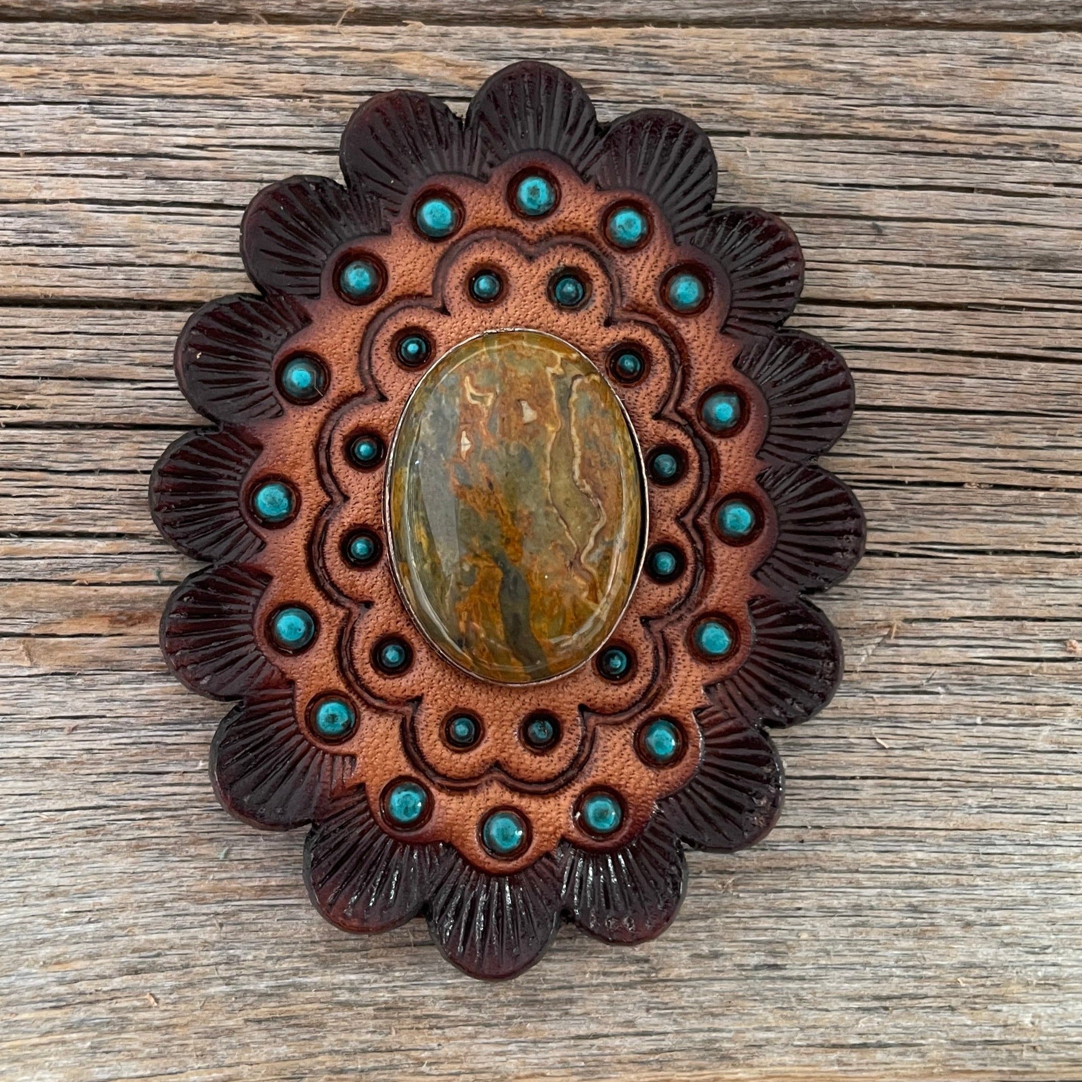 Sage Cabochon Stone - Leather Rosette Options -