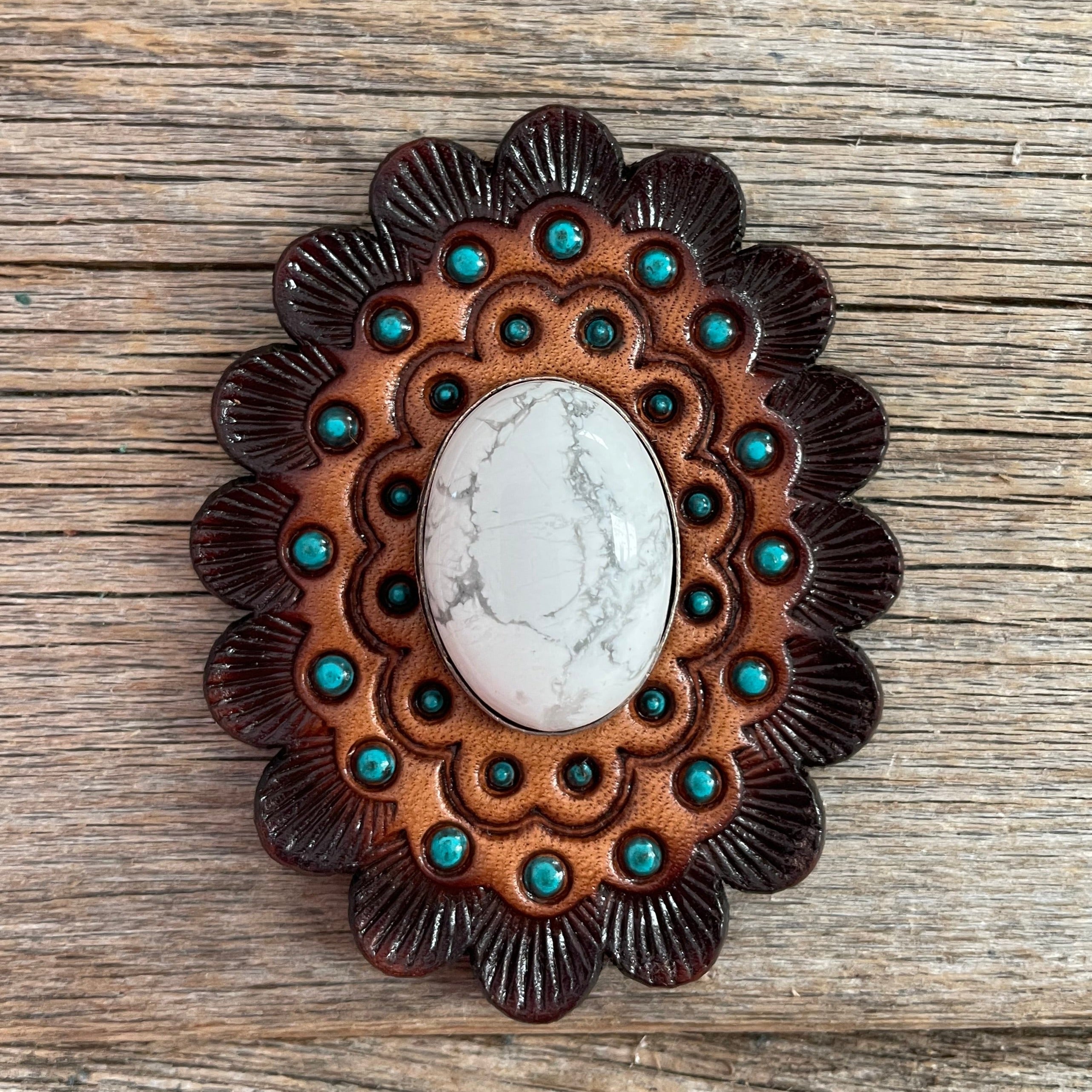 White Cabochon Stone - Leather Rosette Options -