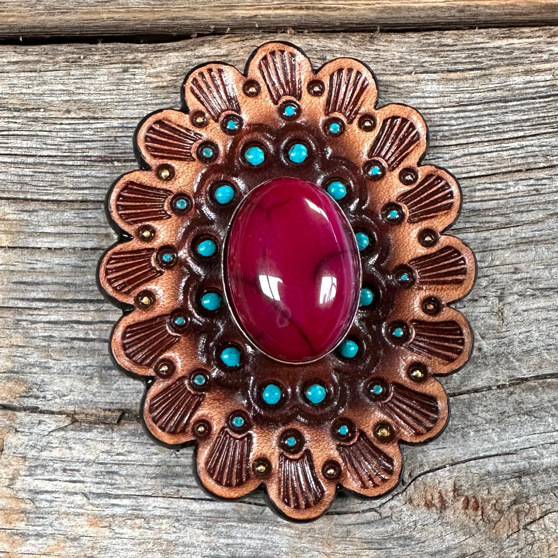 Fuchsia Cabochon Stone - Leather Rosette Options