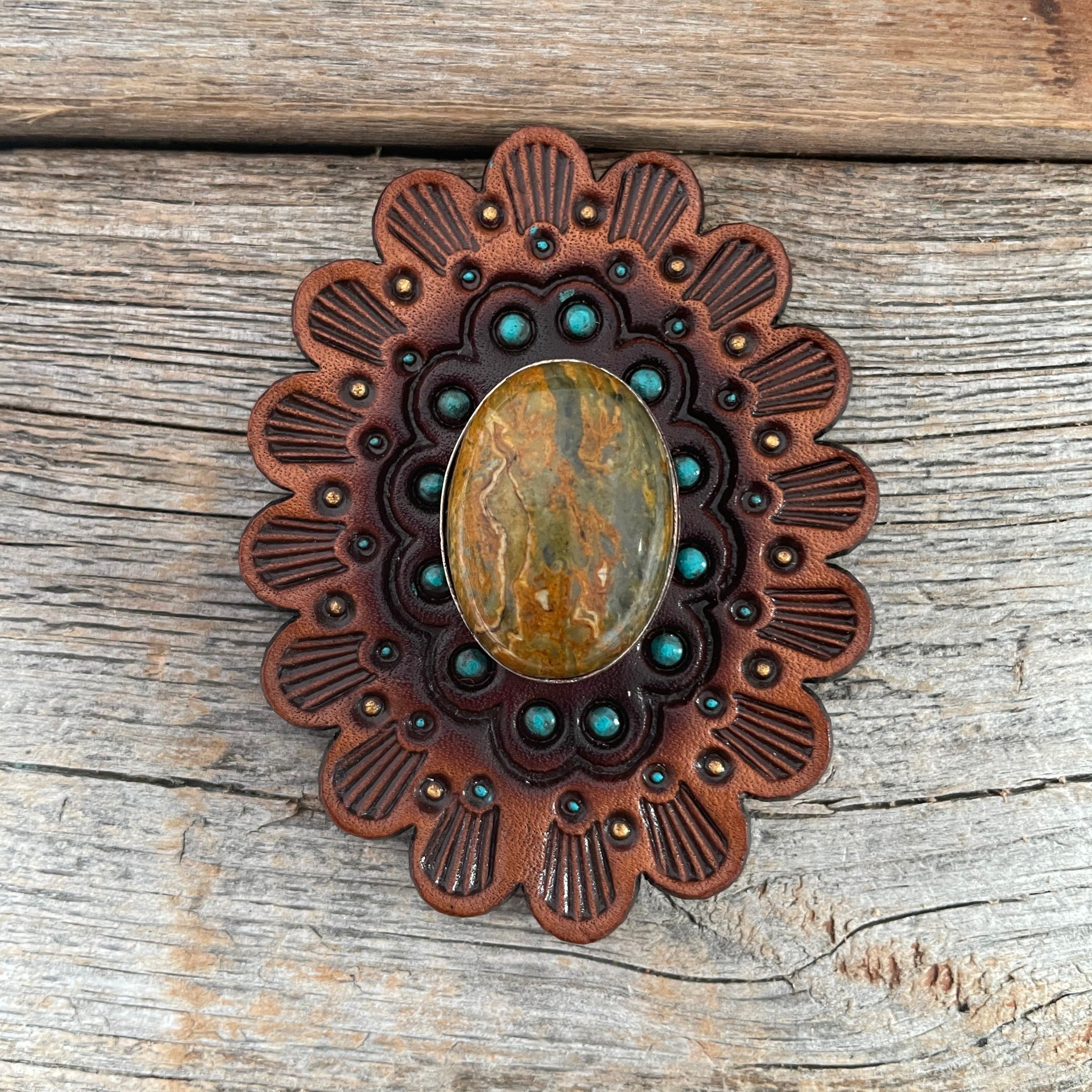 Sage Cabochon Stone - Leather Rosette Options -