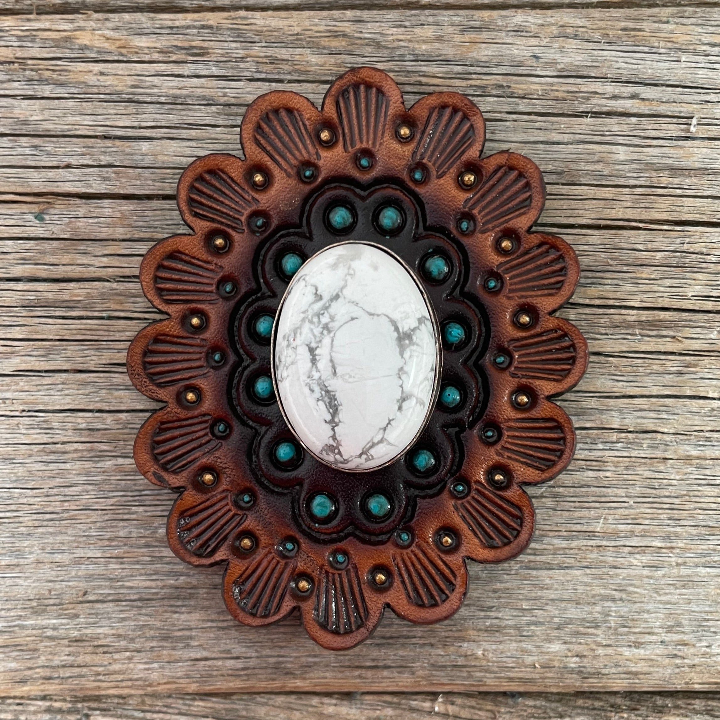 White Cabochon Stone - Leather Rosette Options -