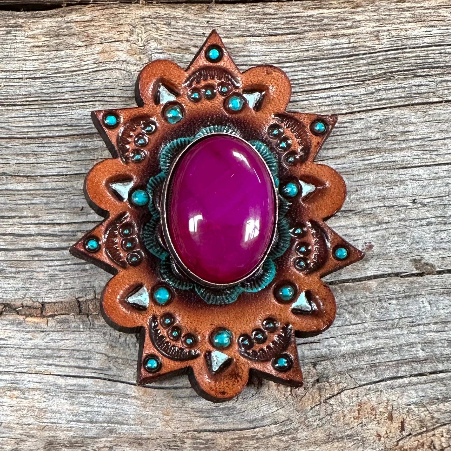 Fuchsia Cabochon Stone - Leather Rosette Options