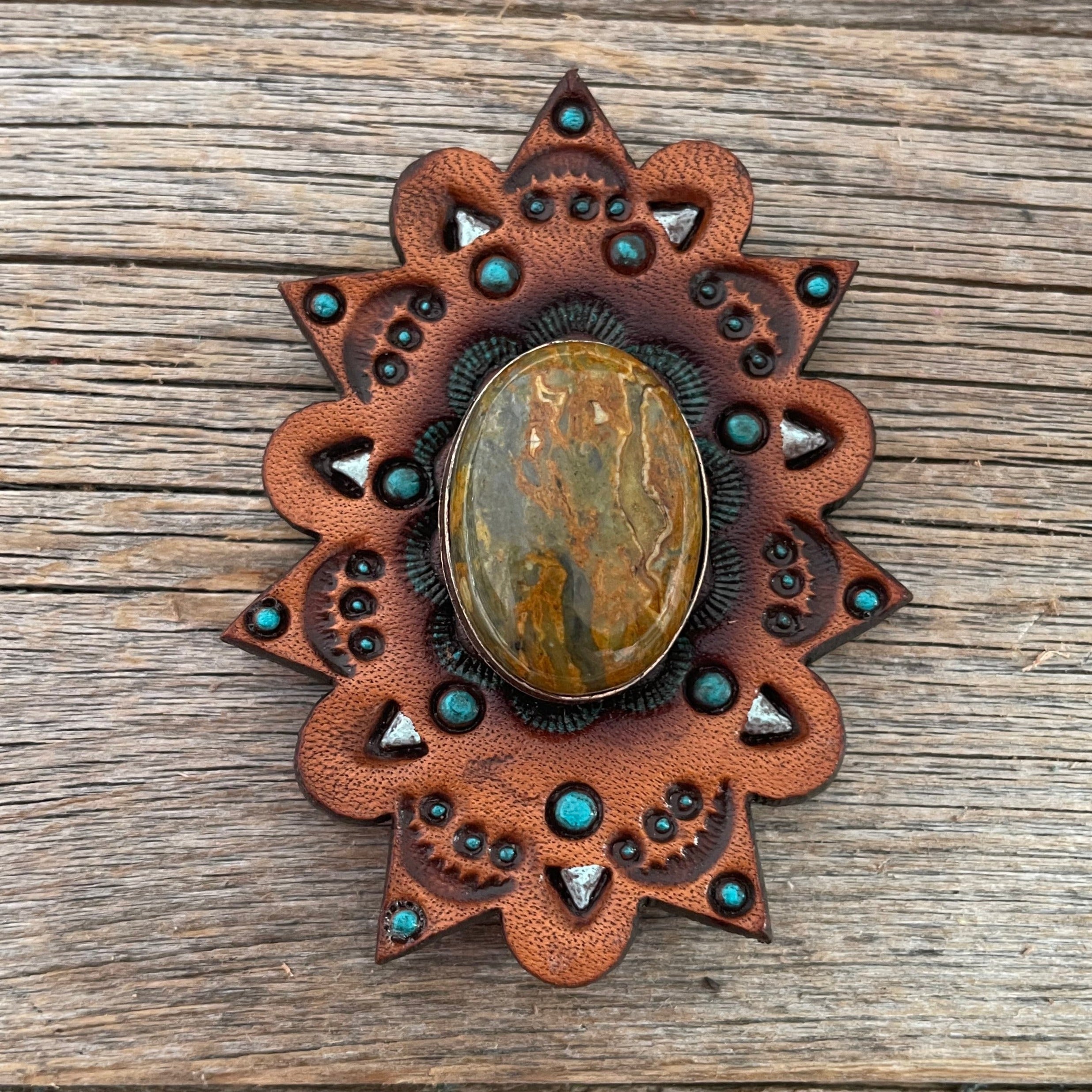 Sage Cabochon Stone - Leather Rosette Options -