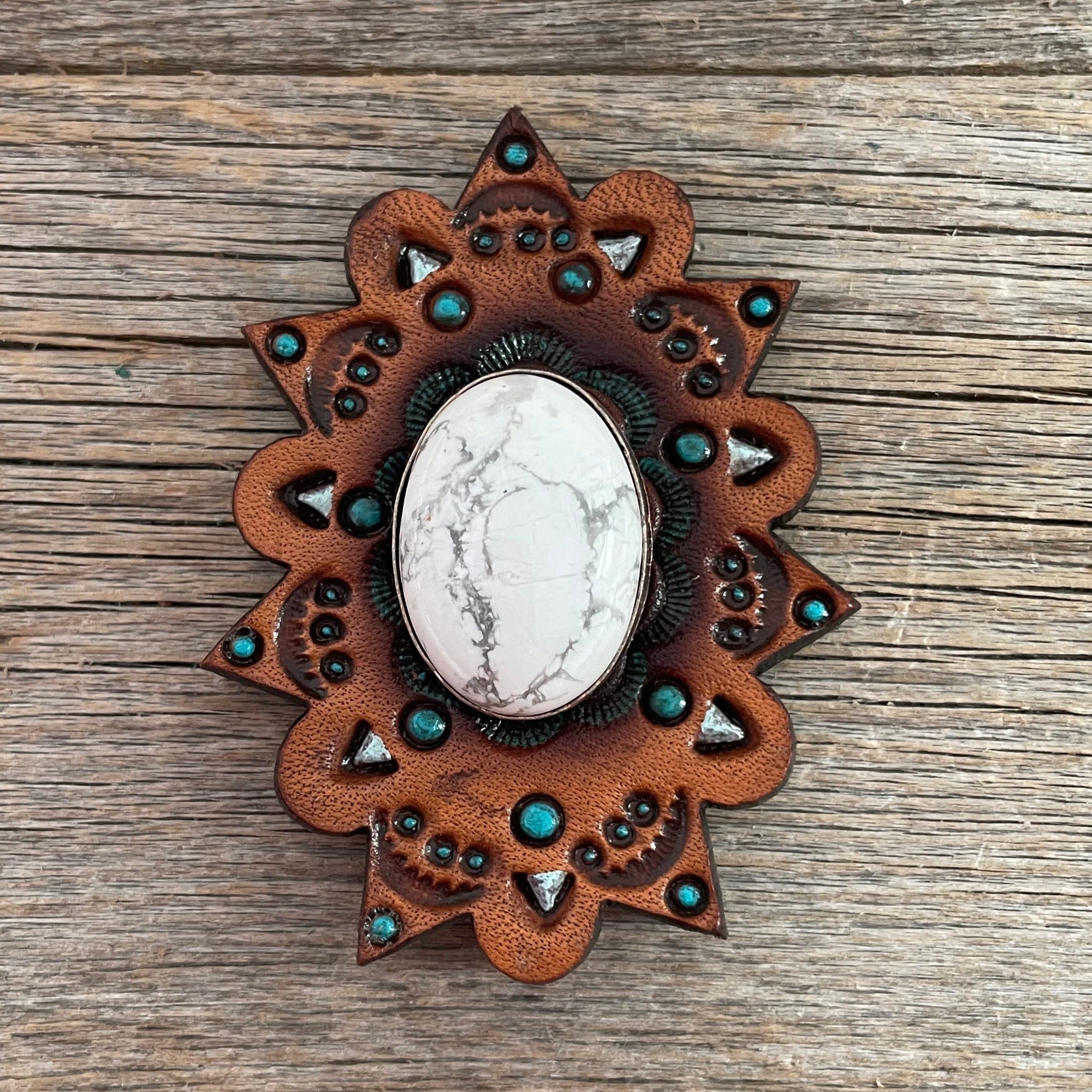 White Cabochon Stone - Leather Rosette Options -