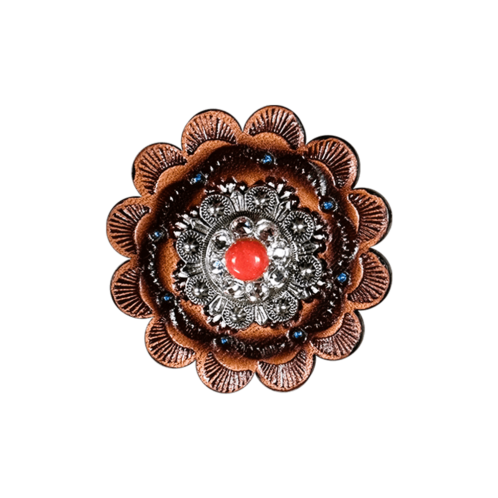Coral & Clear Antique Silver 1" European Crystal Concho and Leather Rosette - RODEO DRIVE