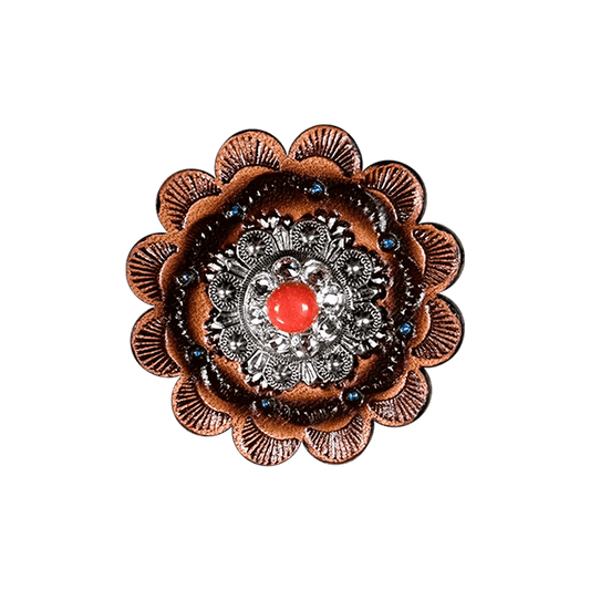 Coral & Clear Antique Silver 1" European Crystal Concho and Leather Rosette - RODEO DRIVE