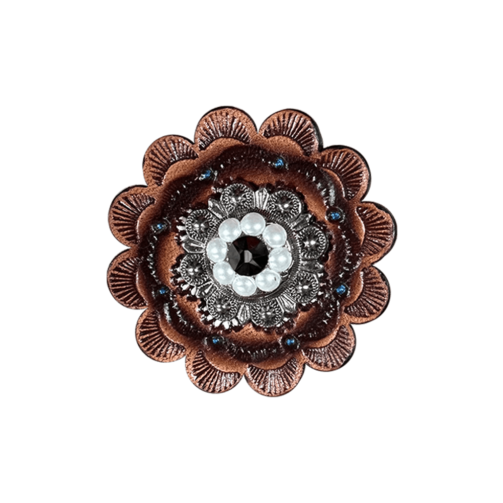 Jet & Pearl Antique Silver 1" European Crystal Concho and Leather Rosette - RODEO DRIVE