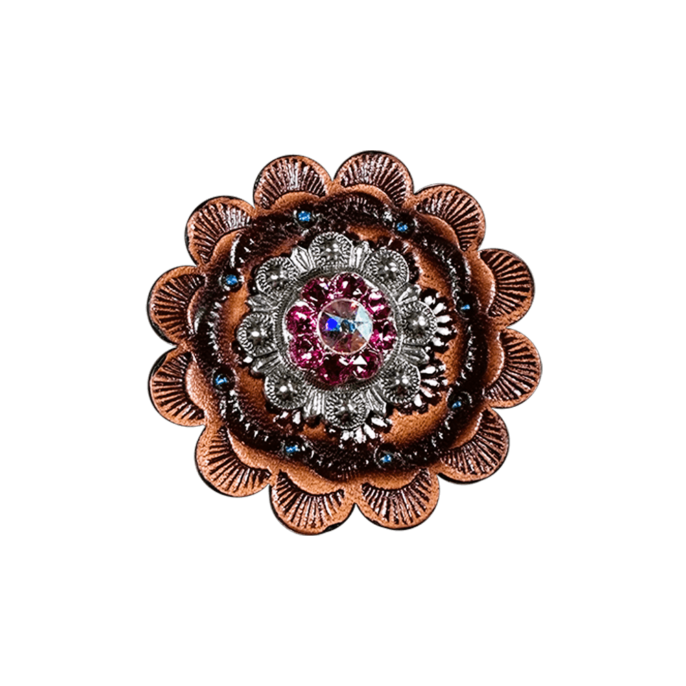 Pink & AB Antique Silver 1" European Crystal Concho and Leather Rosette - RODEO DRIVE