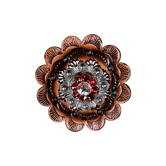 Red & AB Antique Silver 1" European Crystal Concho and Leather Rosette - RODEO DRIVE