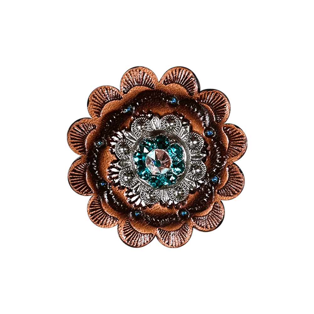 Teal & AB Antique Silver 1" European Crystal Concho and Leather Rosette - RODEO DRIVE